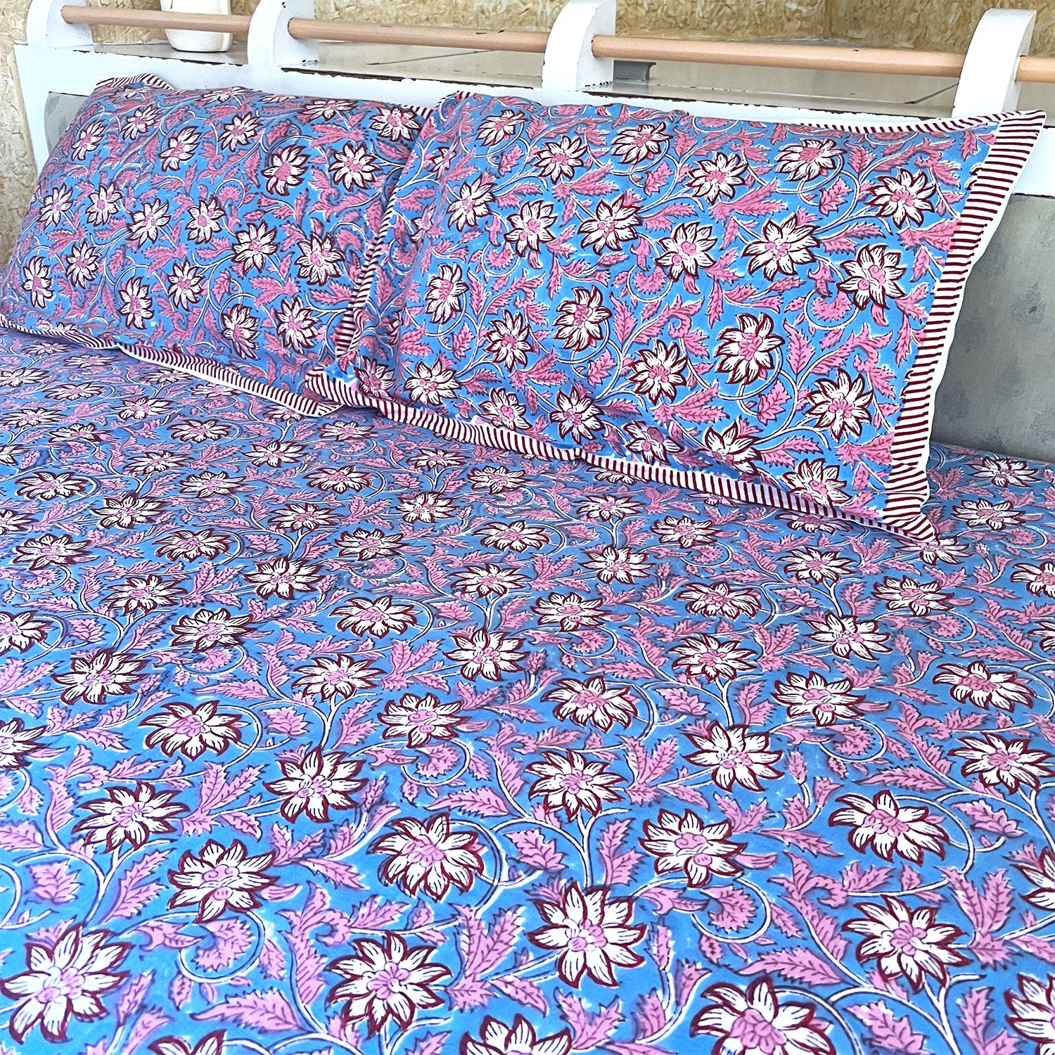 Blue Muted Floral Block Printed Cotton Double Bedsheet Set With 2 Pillow Covers - 108 inches x 108 inches