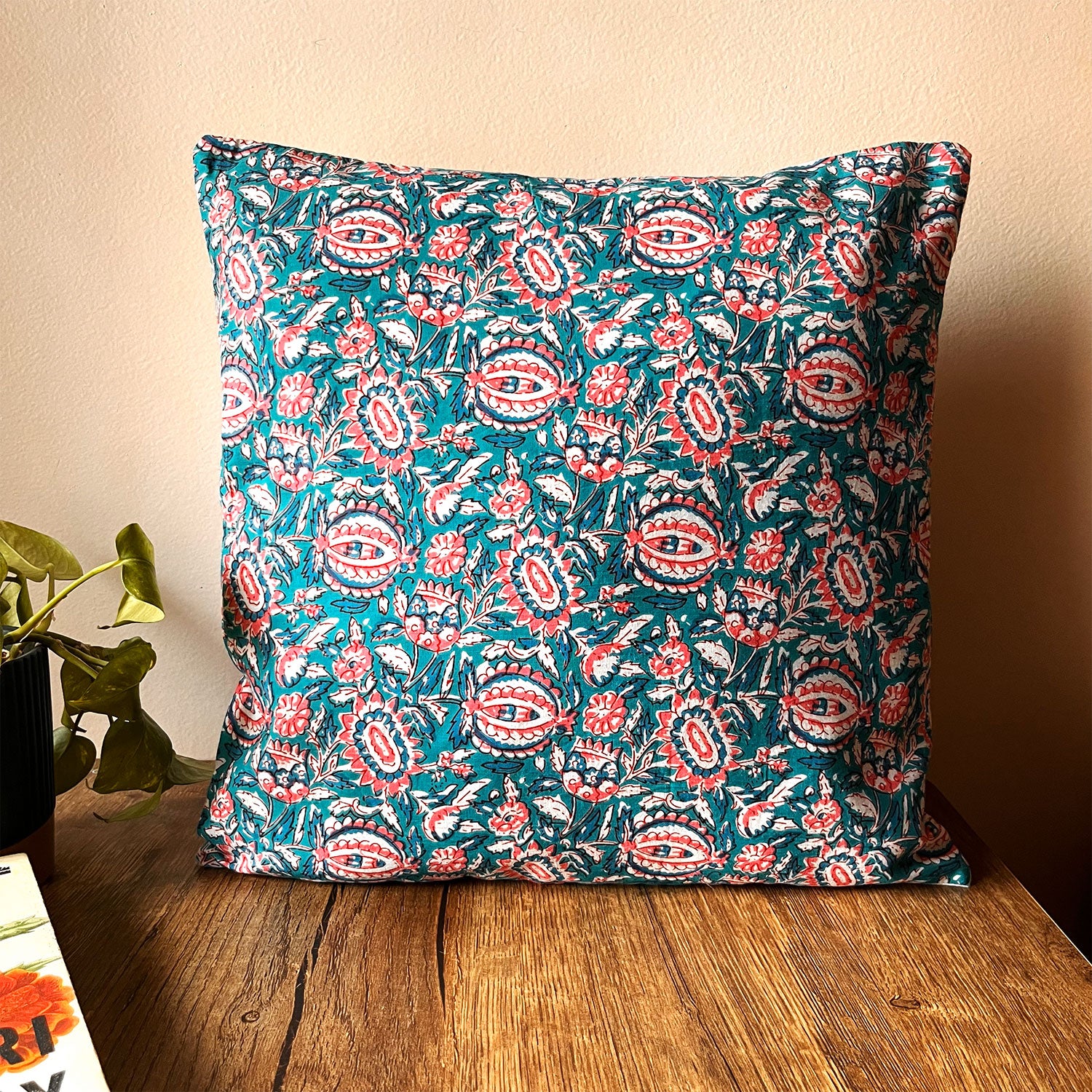 Garden Bloom Block Print Cotton Cushion Cover - 16 x 16 inches