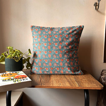 Muted Garden Bloom Block Print Cotton Cushion Cover - 16 x 16 inches