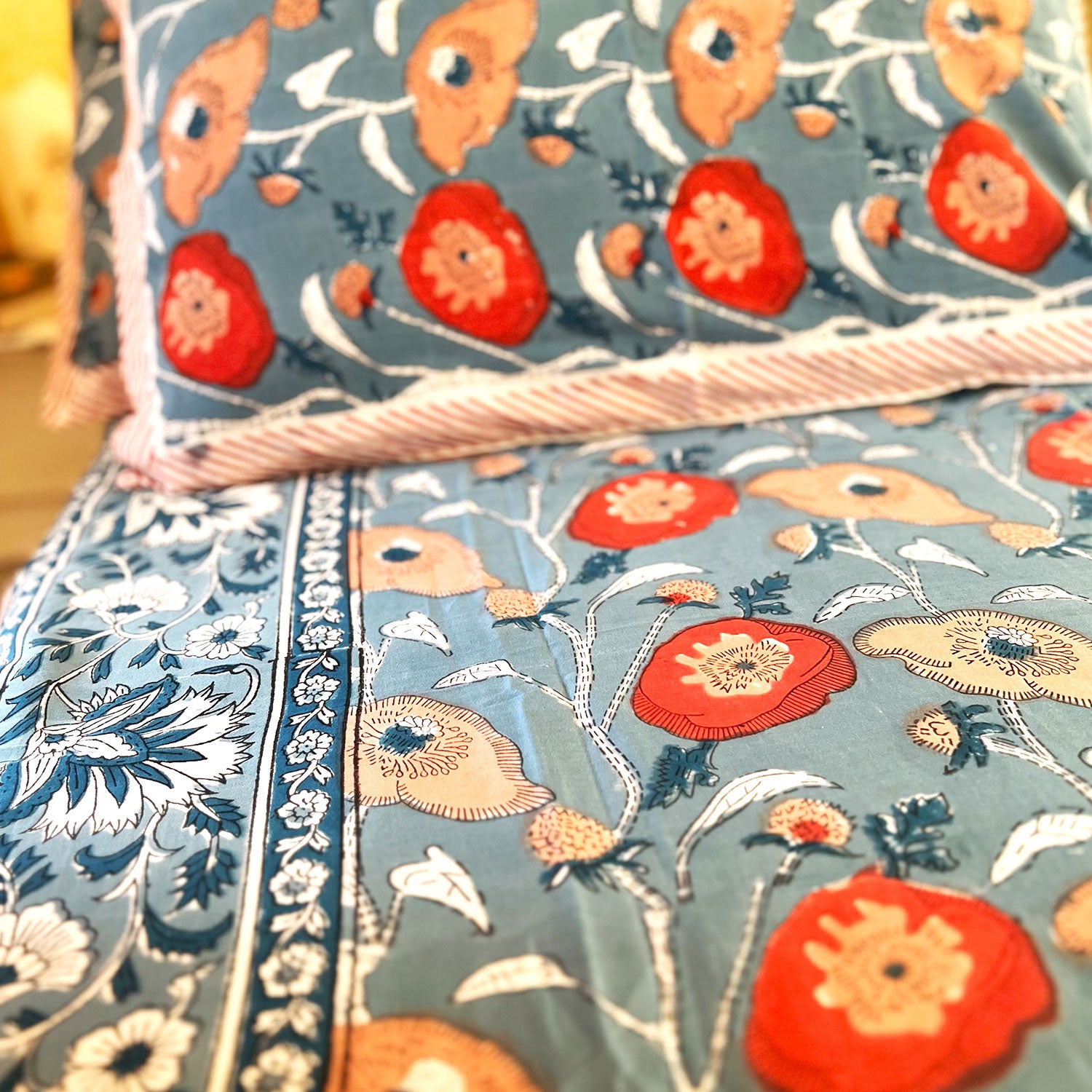 Grey Bloom Floral Block Printed Cotton Double Bedsheet Set With 2 Pillow Covers - 108 inches x 108 inches