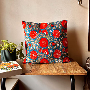 Bright Red Block Print Cotton Cushion Cover - 16 x 16 inches