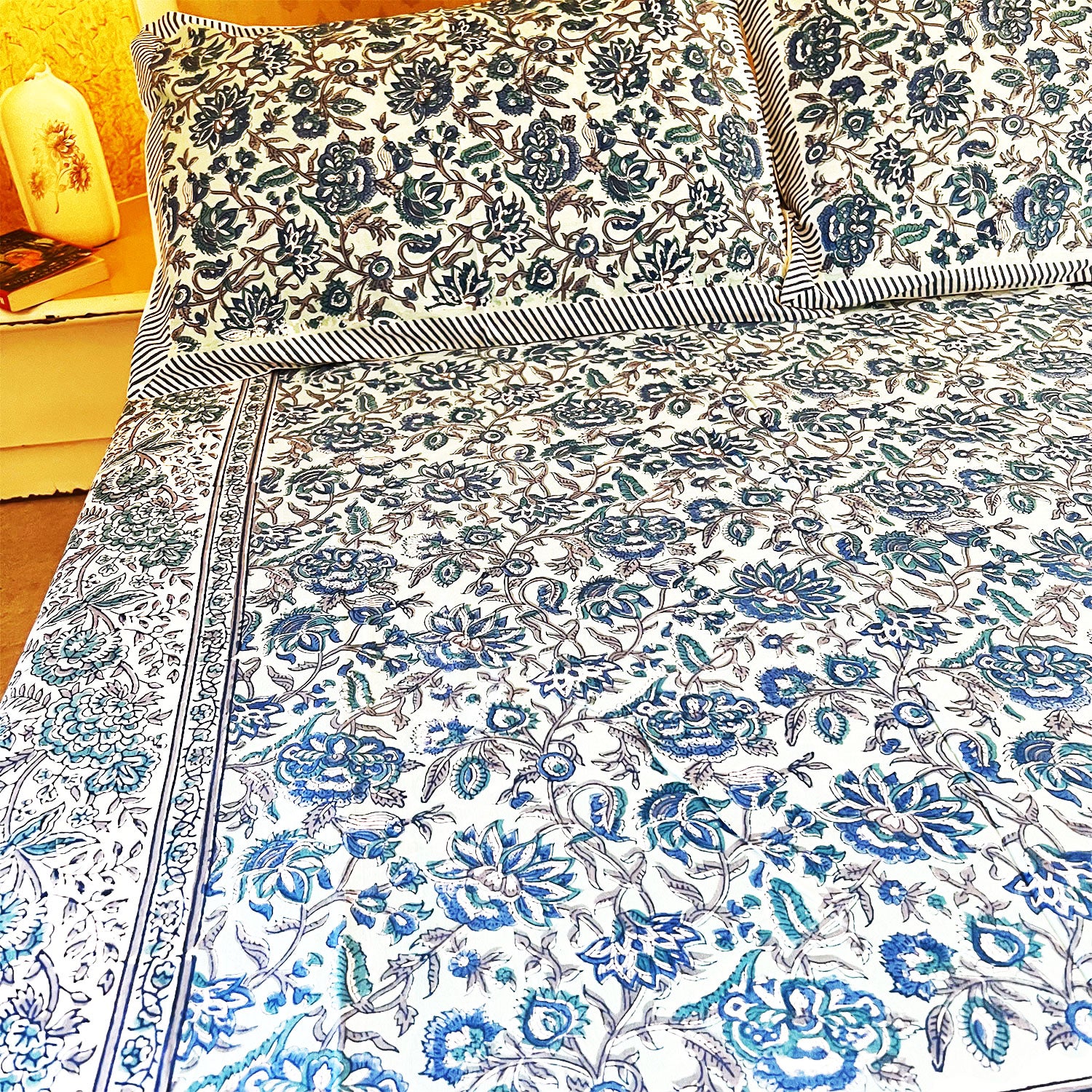 Blue Jaal Pattern Floral Block Printed Cotton Double Bedsheet Set With 2 Pillow Covers - 108 inches x 108 inches