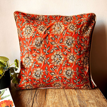 Muted Orange Bloom Block Print Cotton Cushion Cover - 16 x 16 inches