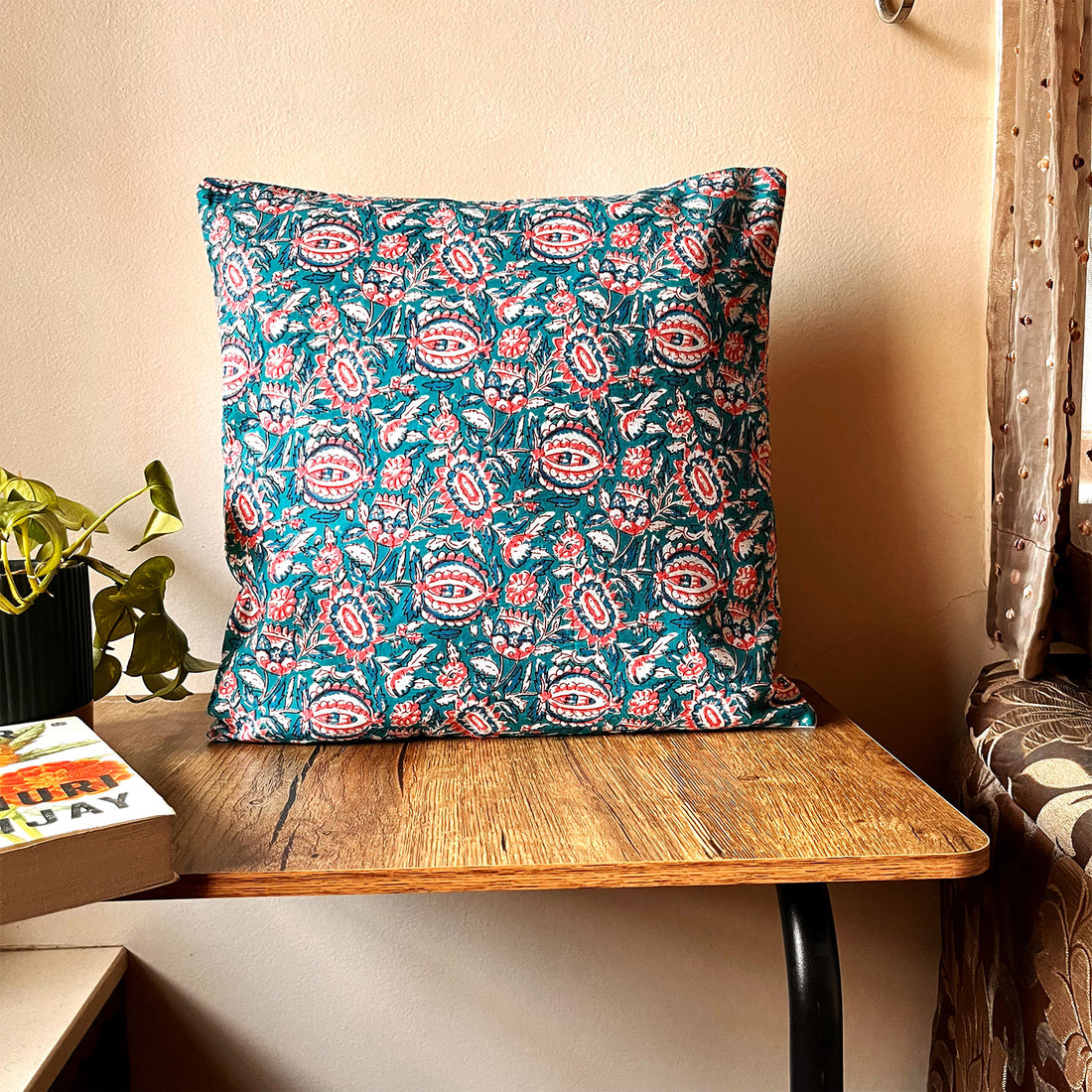 Garden Bloom Block Print Cotton Cushion Cover - 16 x 16 inches