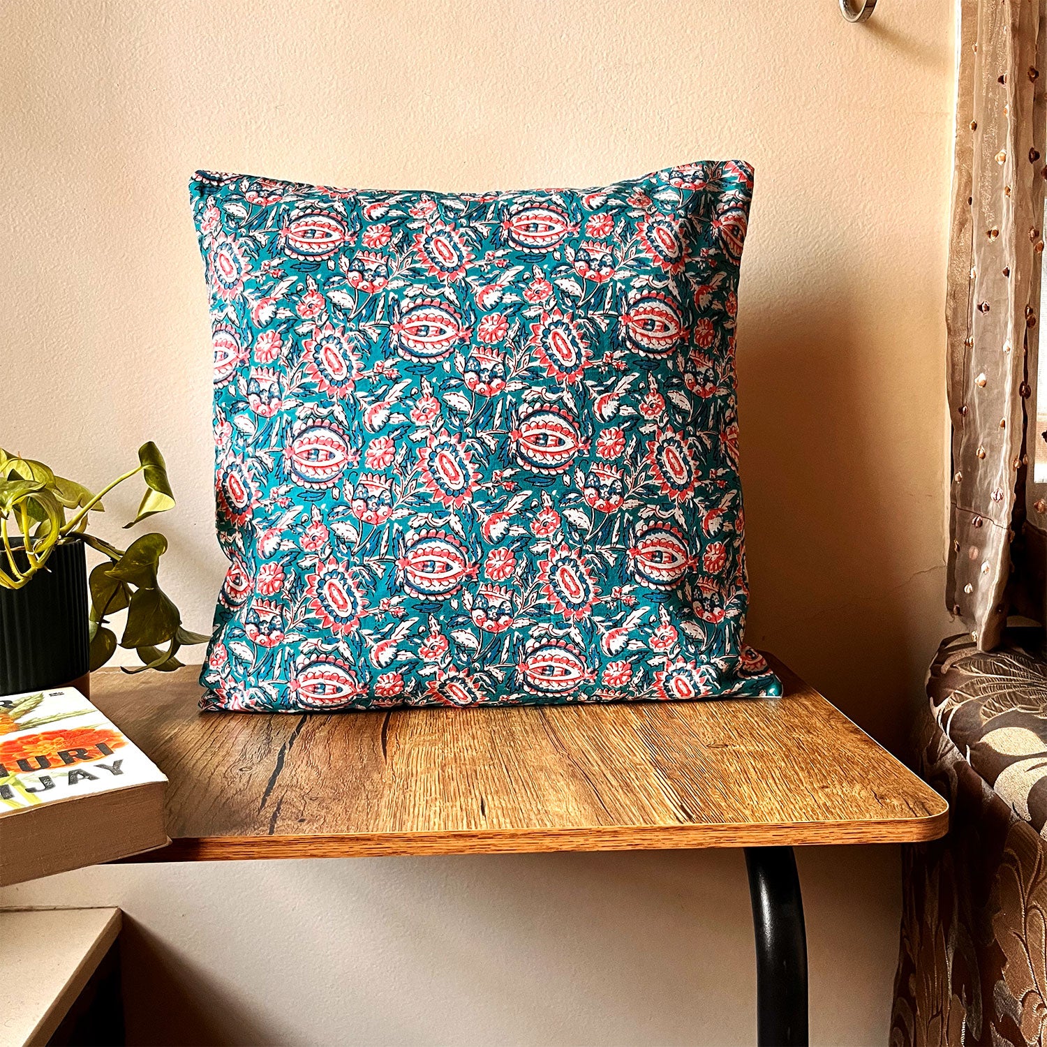 Garden Bloom Block Print Cotton Cushion Cover - 16 x 16 inches