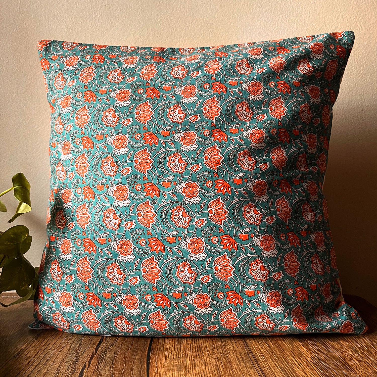 Muted Garden Bloom Block Print Cotton Cushion Cover - 16 x 16 inches