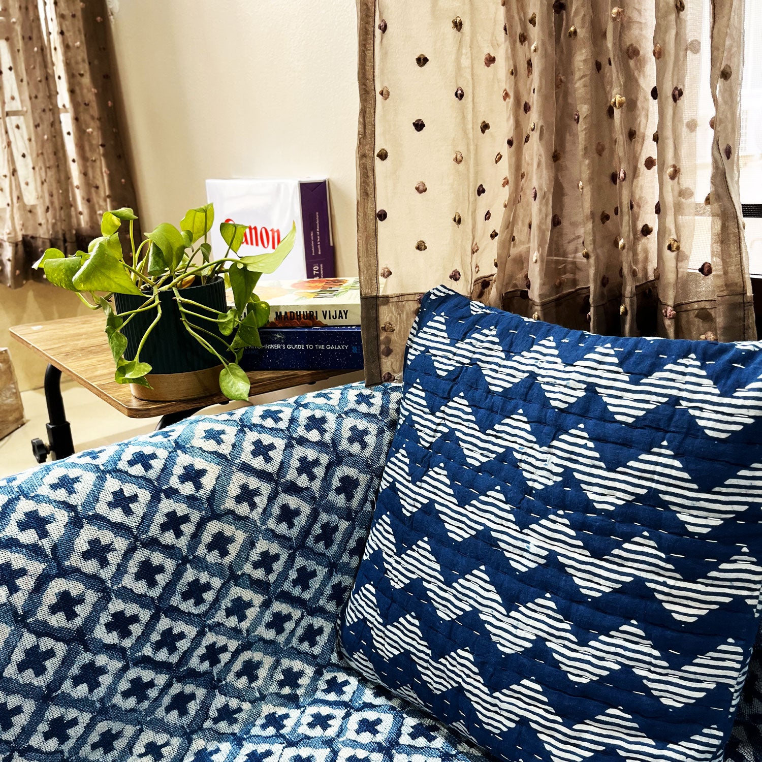 Bule Zig Zag Cotton Cushion Cover - 16 x 16 inches