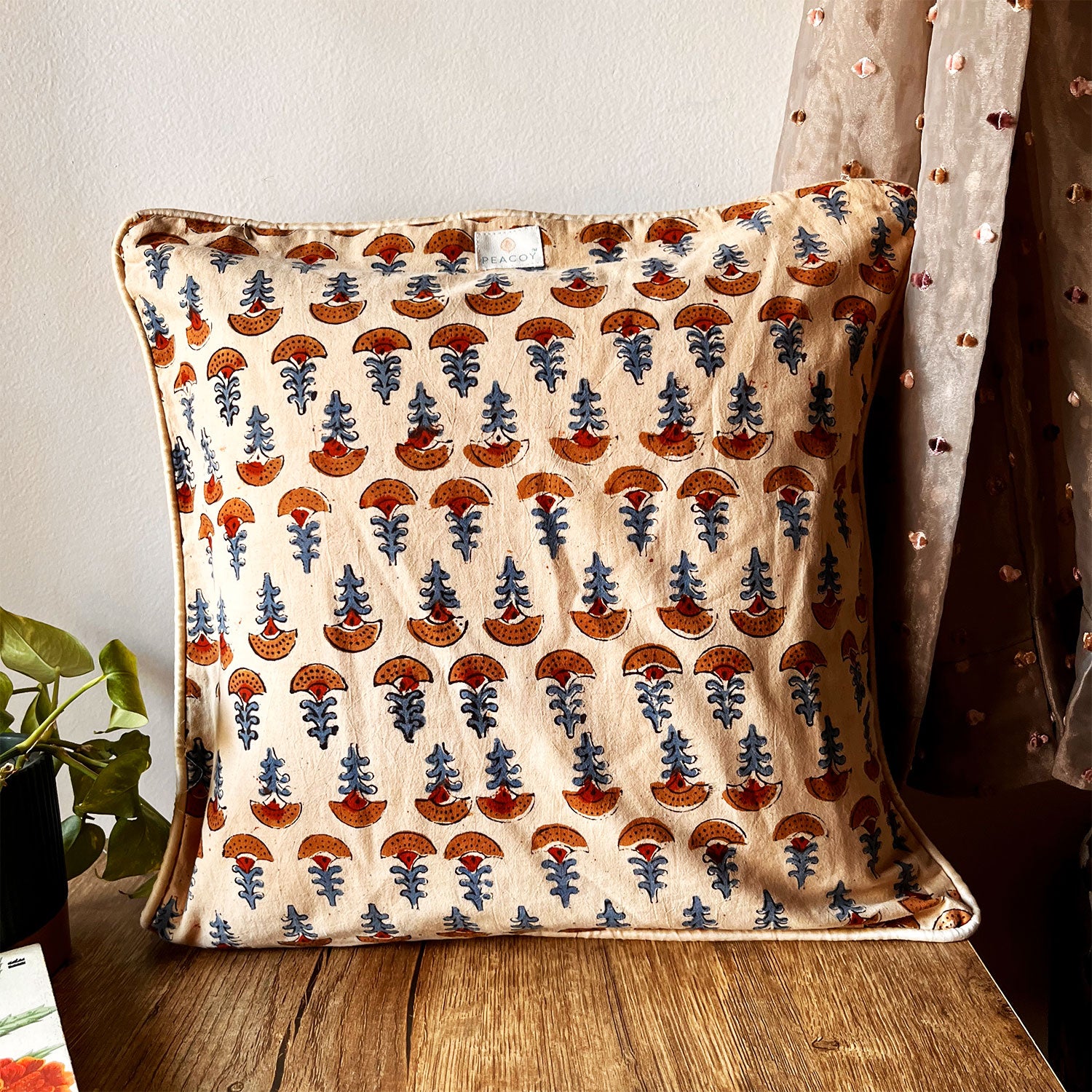 Leaf Block Print Cotton Cushion Cover - 16 x 16 inches