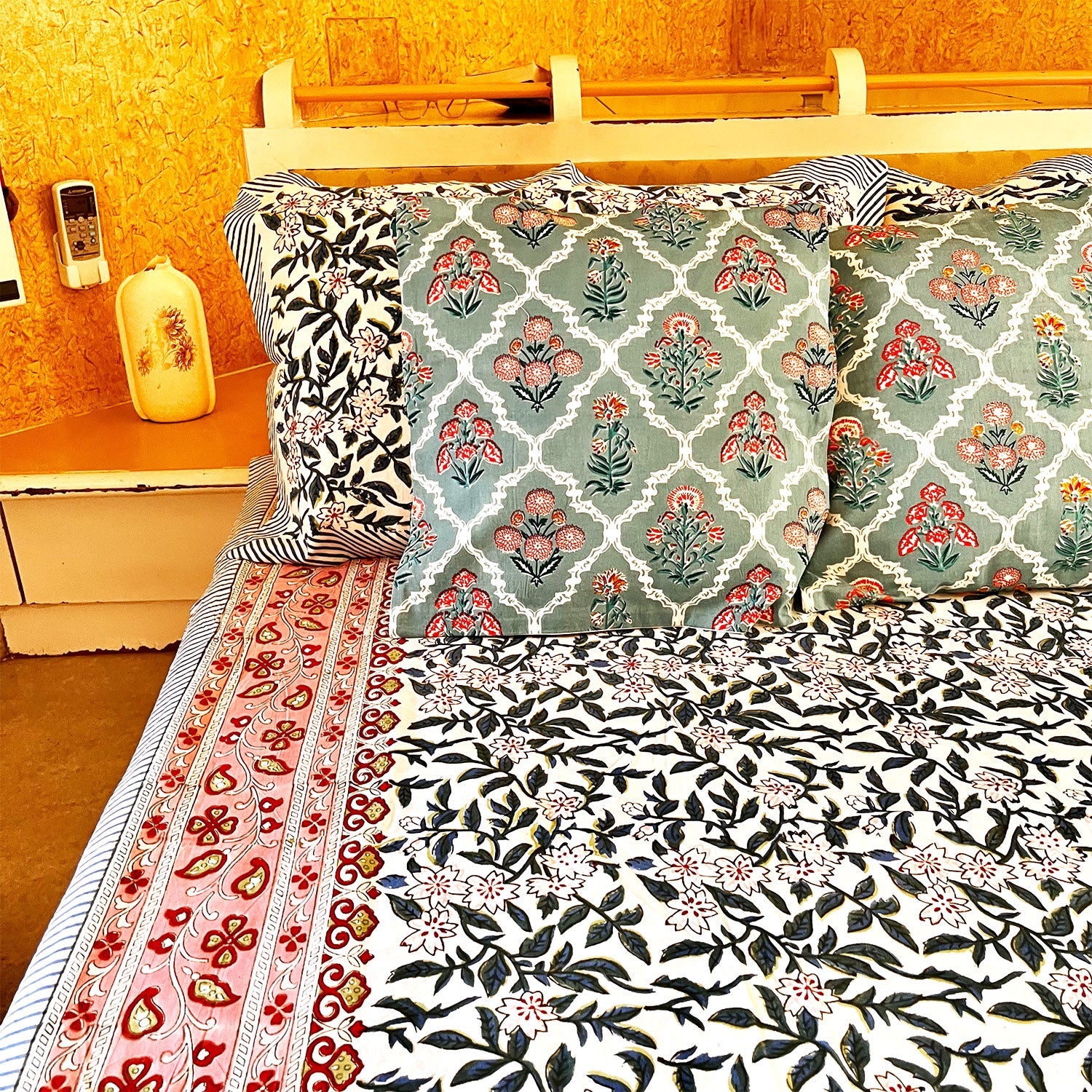 Black Floral Block Printed Cotton Double Bedsheet Set With 2 Pillow Covers - 108 inches x 108 inches