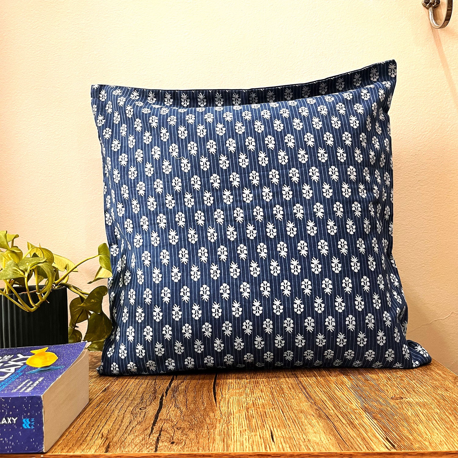 Bule Block Printed Cotton Cushion Cover - 15 x 15 inches