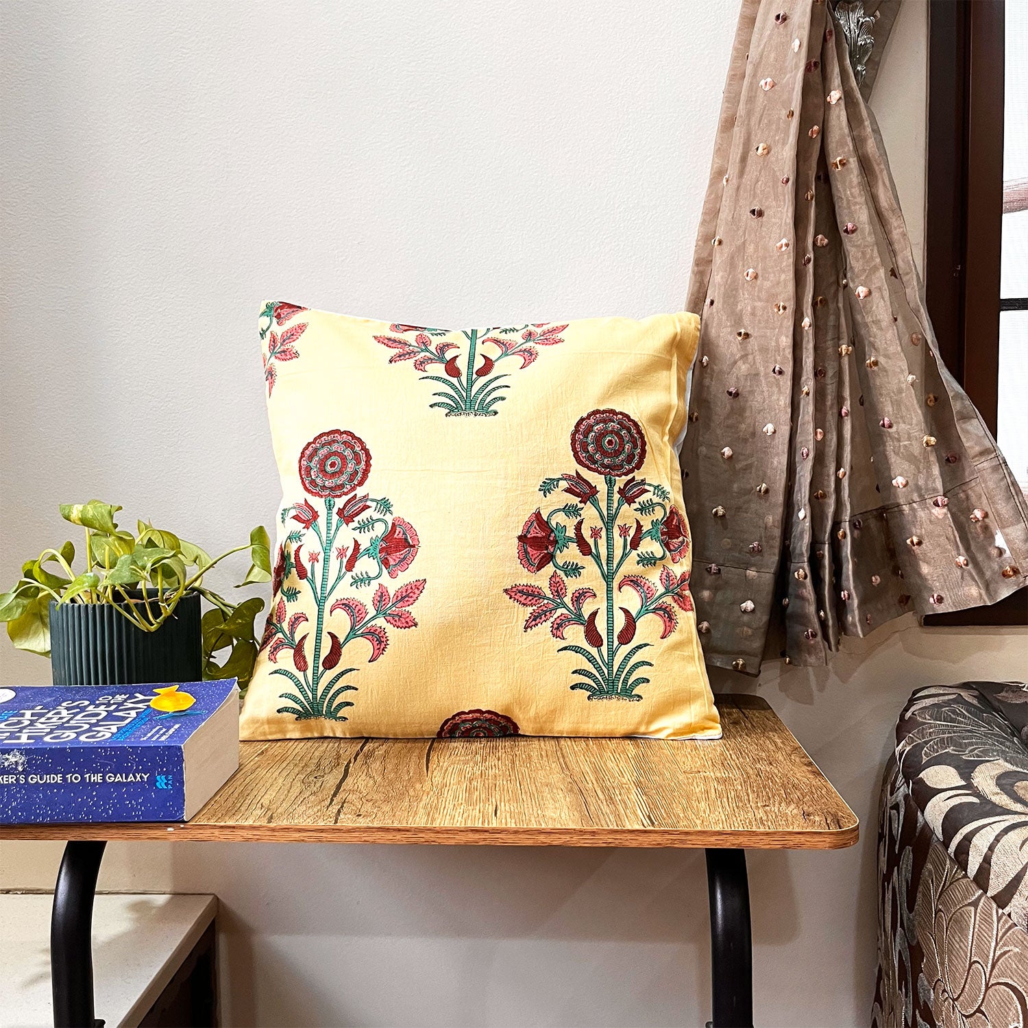 Block Printed Florals  Cotton Cushion Cover - 16 x 16 inches