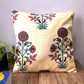Block Printed Florals  Cotton Cushion Cover - 16 x 16 inches