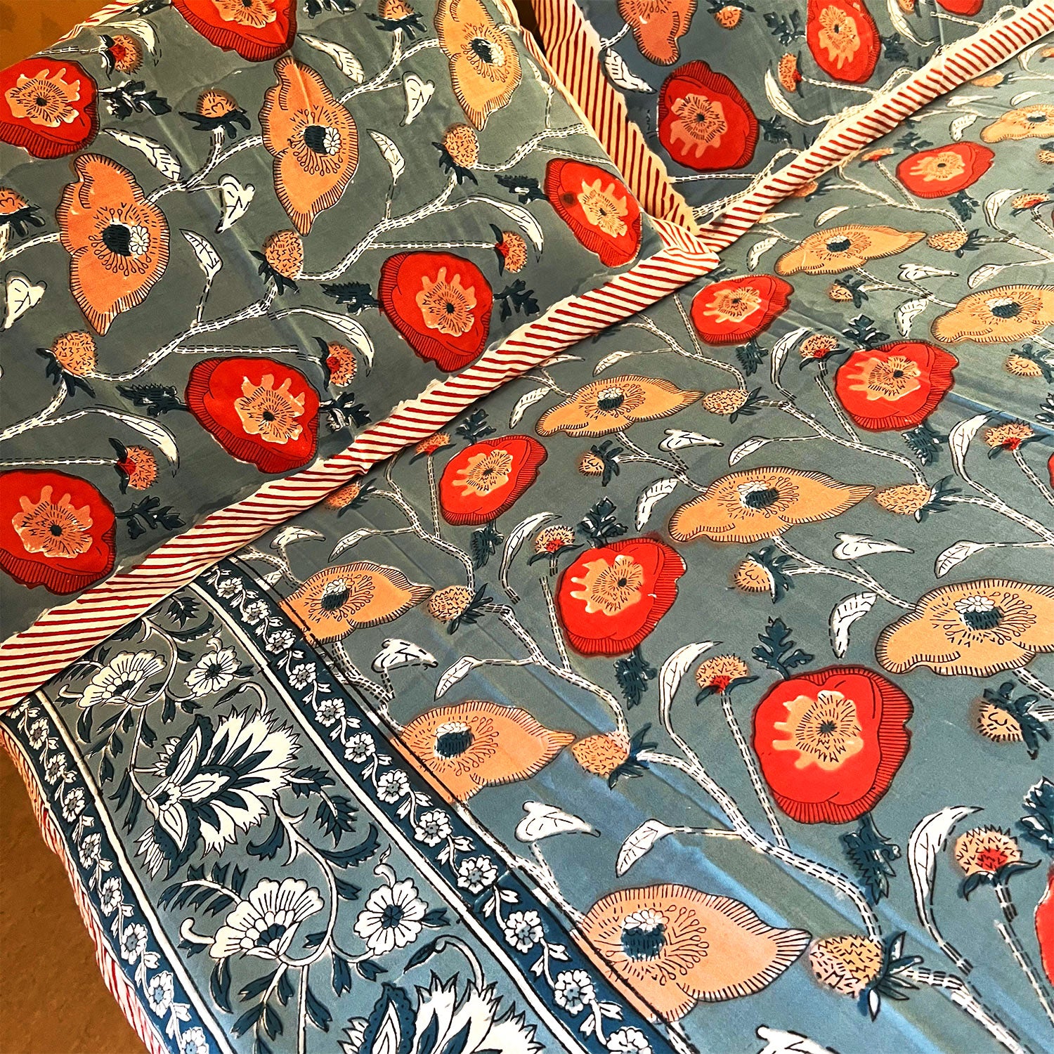 Grey Bloom Floral Block Printed Cotton Double Bedsheet Set With 2 Pillow Covers - 108 inches x 108 inches