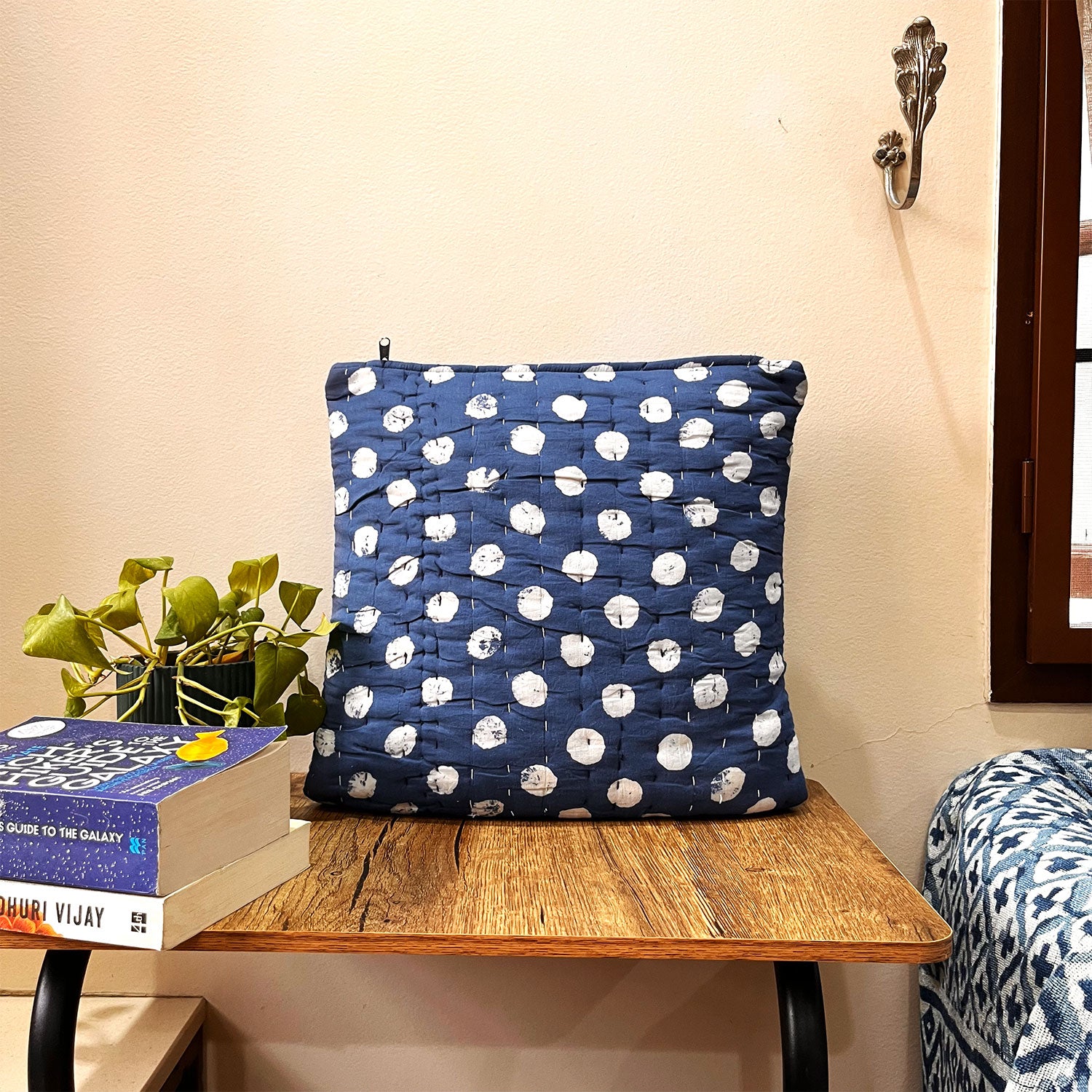 Bule Polka Quilted Cotton Cushion Cover - 15 x 15 inches