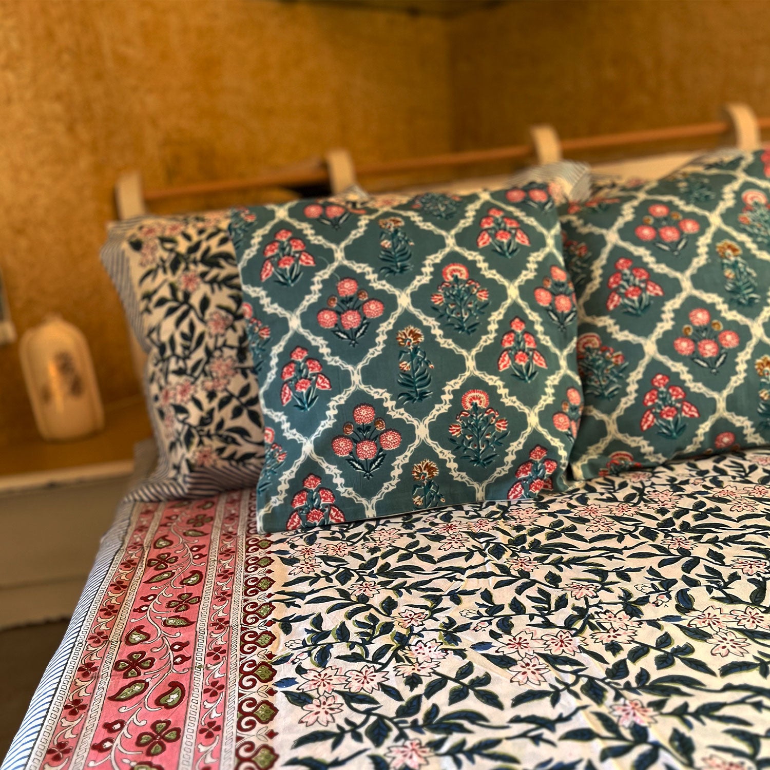 Black Floral Block Printed Cotton Double Bedsheet Set With 2 Pillow Covers - 108 inches x 108 inches