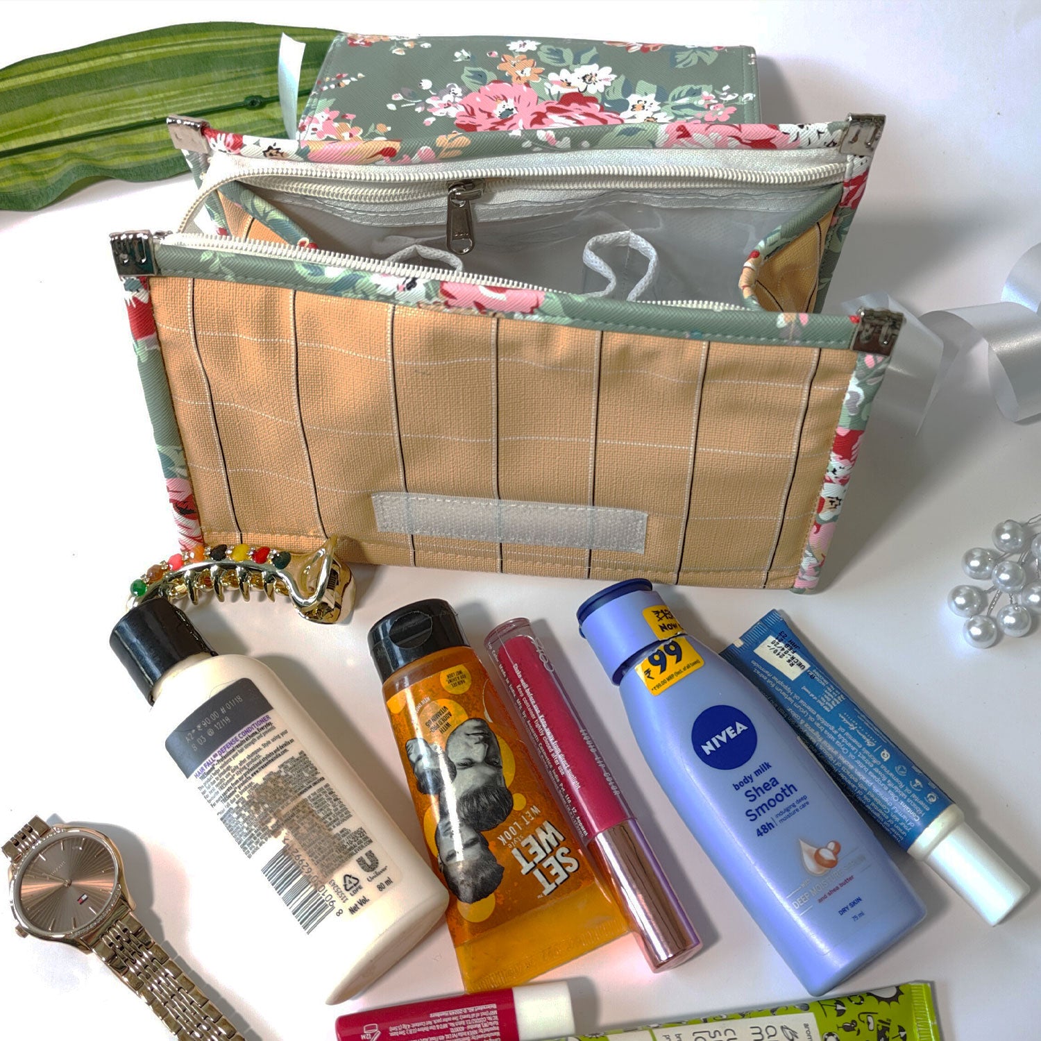 Foldable Travel Kits for Jewellery and Essentials | Grey Pink Flower Design pouch