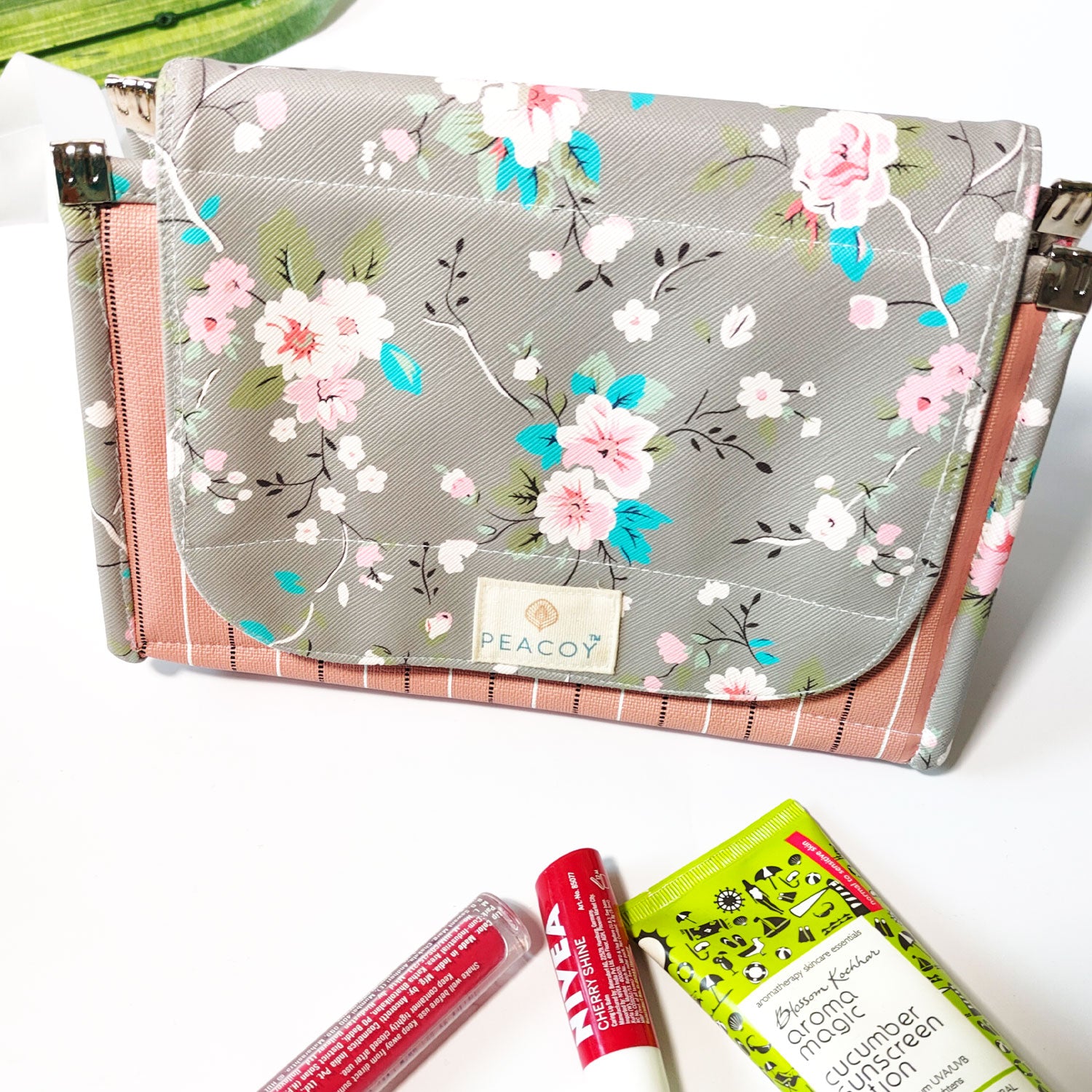 Foldable Travel Kits for Jewellery and Essentials | Grey Pink Flower Design pouch