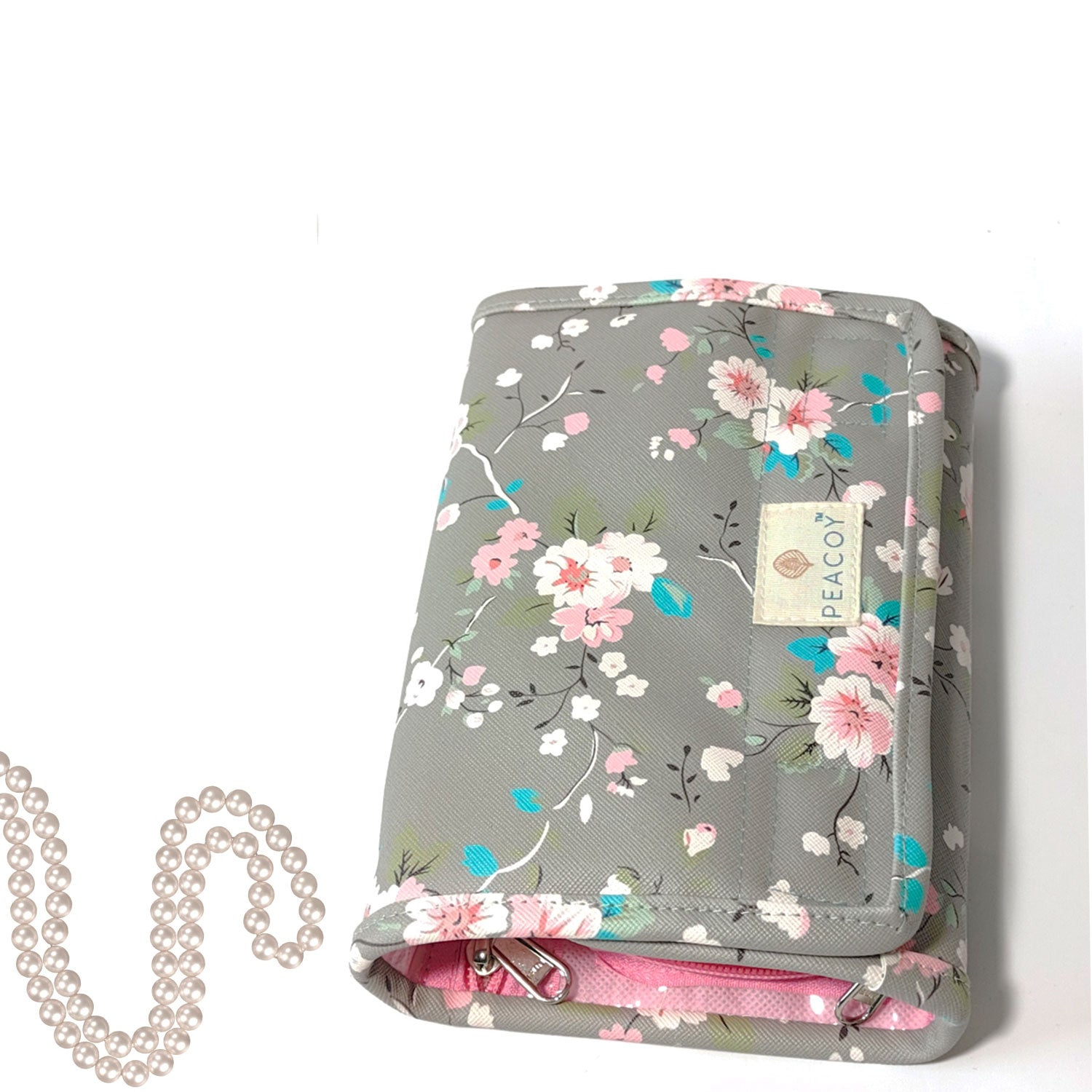Travel Kits for Cosmetics and Essentials |  Toiletry Bag | Grey Brown Flower Design pouch