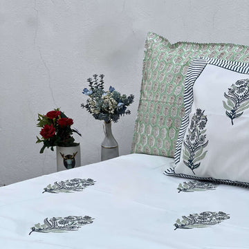 King Size  Bed sheet Quilt 100 x 110 Inches – Soft Green and  whiteWhite Peach Motif