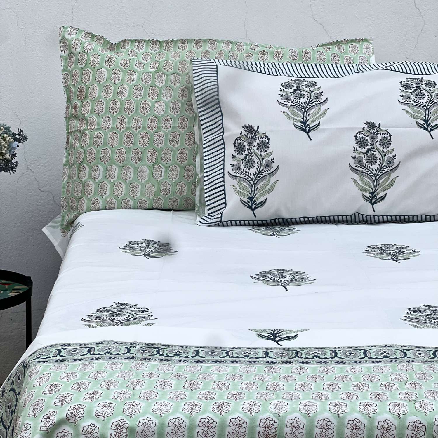 King Size  Bed sheet Quilt 100 x 110 Inches – Soft Green and  whiteWhite Peach Motif