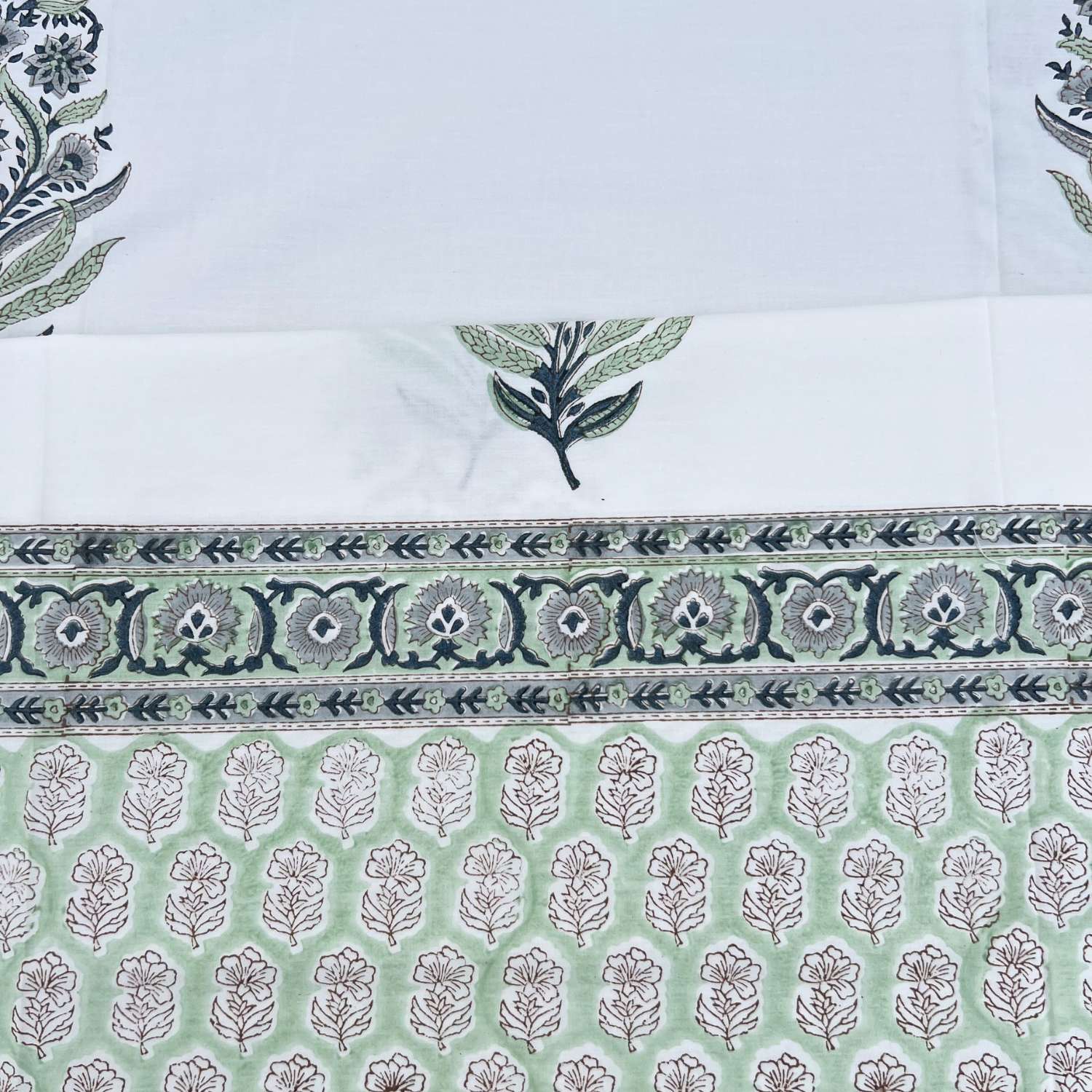 King Size  Bed sheet Quilt 100 x 110 Inches – Soft Green and  whiteWhite Peach Motif