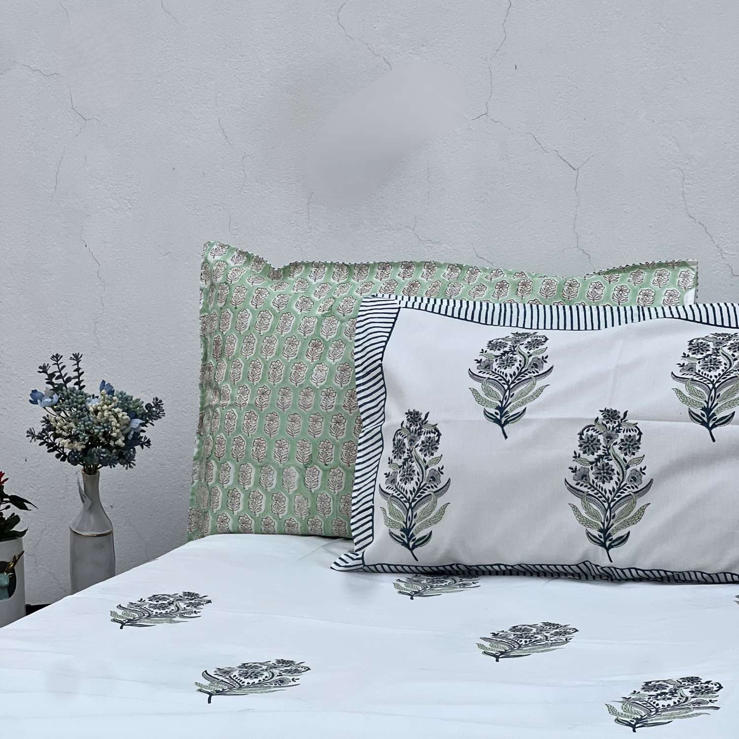 King Size  Bed sheet Quilt 100 x 110 Inches – Soft Green and  whiteWhite Peach Motif