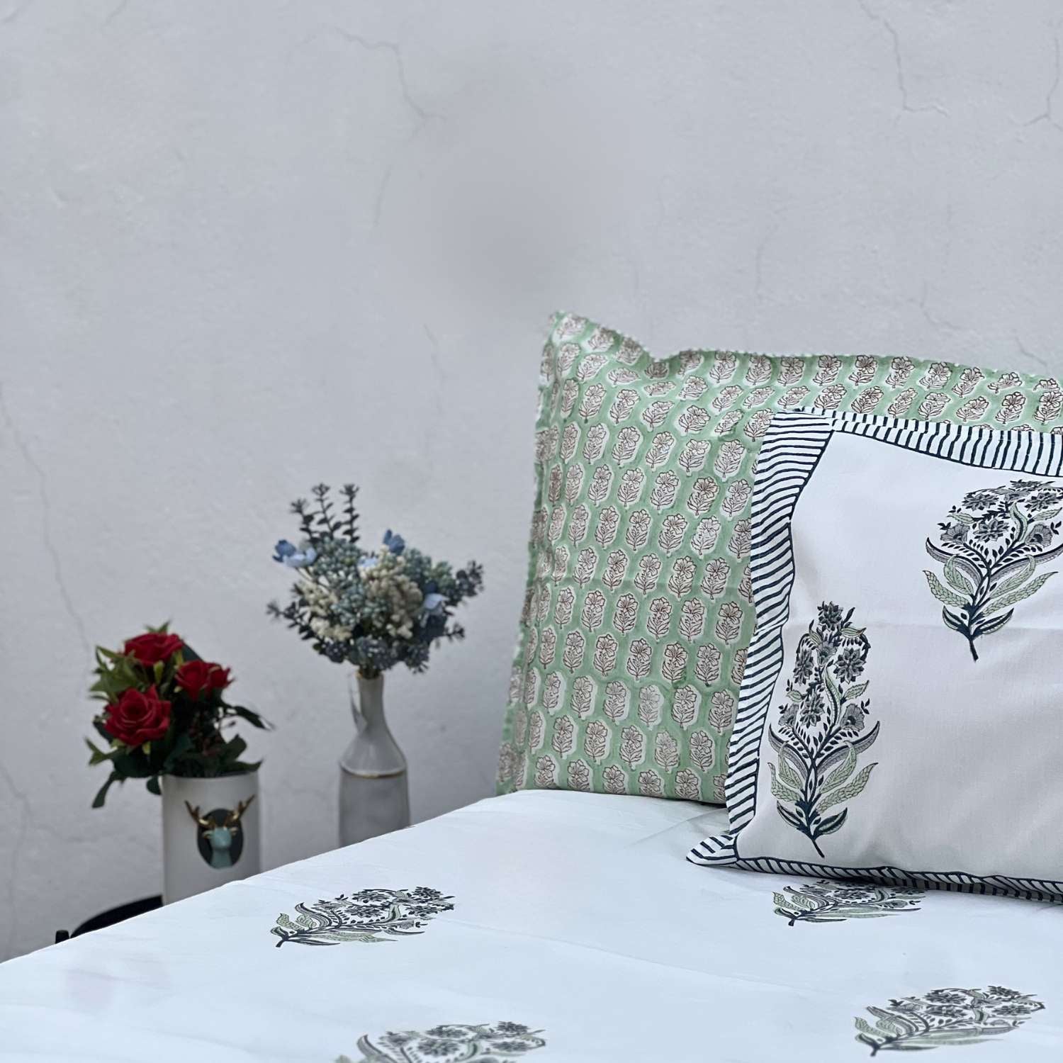 King Size  Bed sheet Quilt 100 x 110 Inches – Soft Green and  whiteWhite Peach Motif