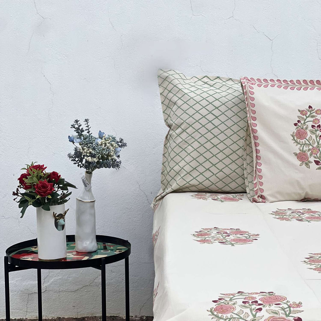Queen Size 90 X 100 Inches  Pink Green Jaipur Bedsheet