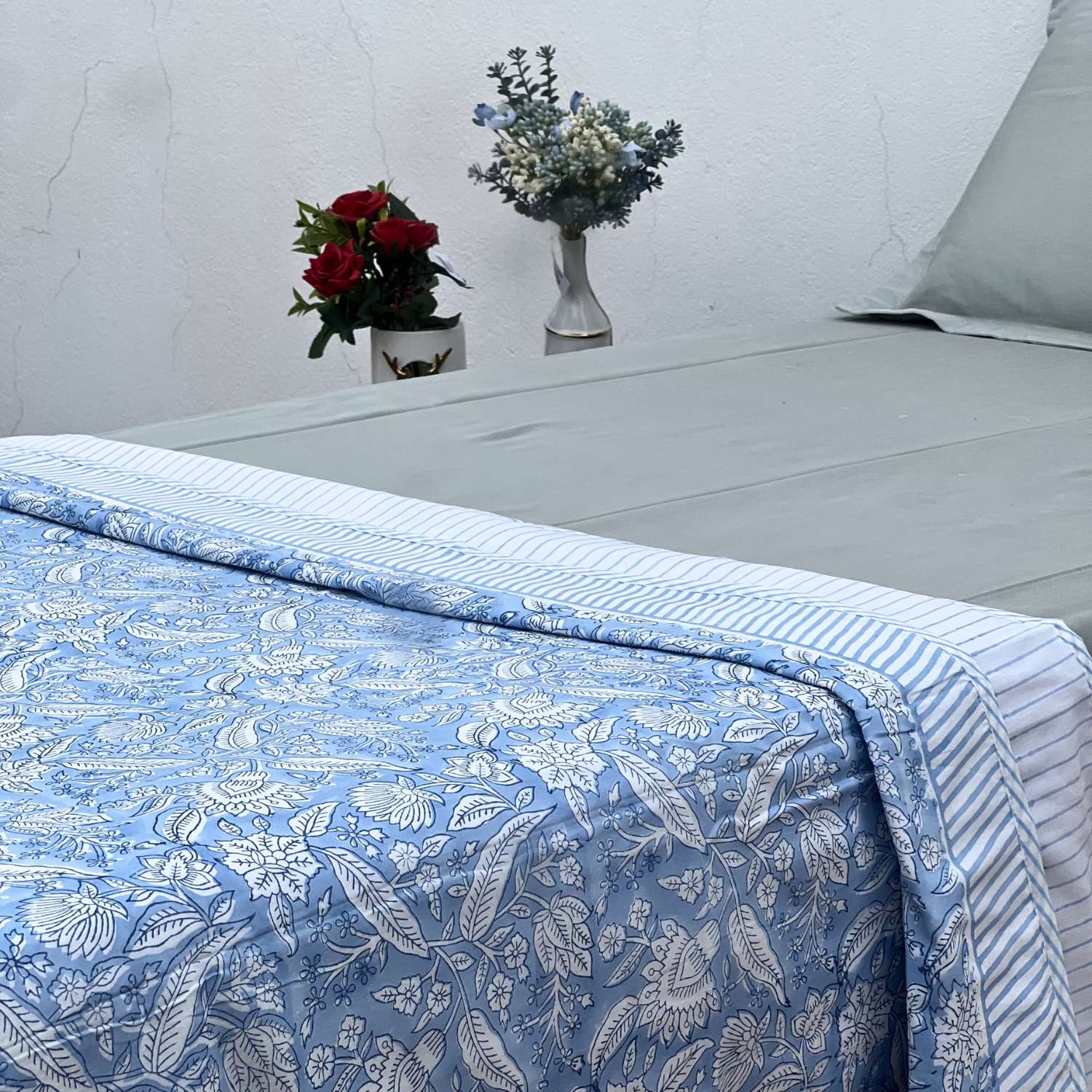 Single Dohar Quilt 60 x 90 cm –Soft Blue Floral Motif
