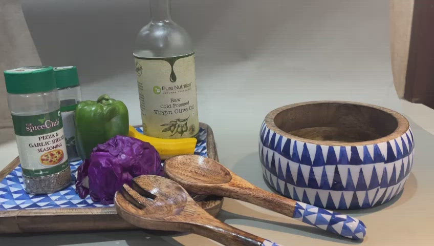 Triangle Maze Blue Mango Wood Salad Bowl With Server Set - 500 g | Peacoy