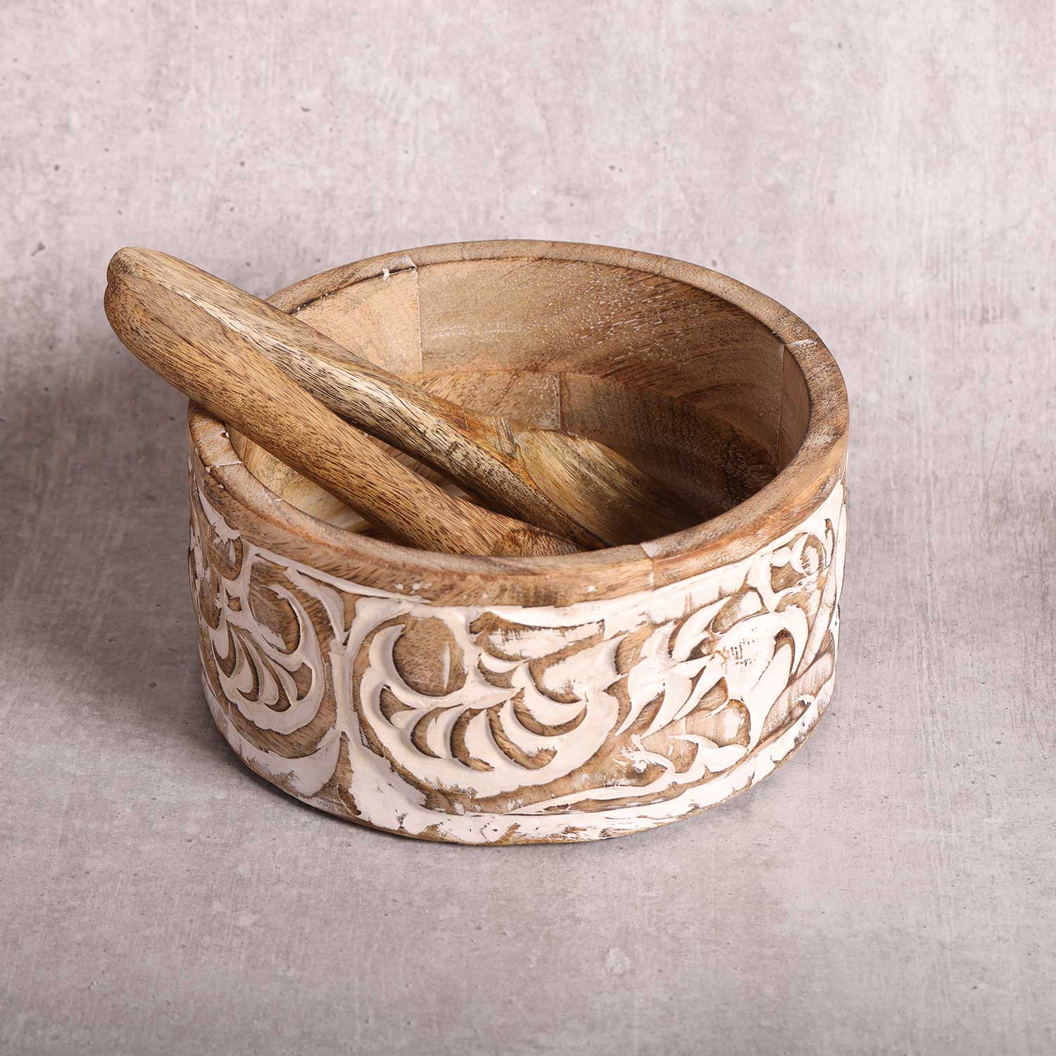 Mango Wood Carved Serving Bowl with Server Set