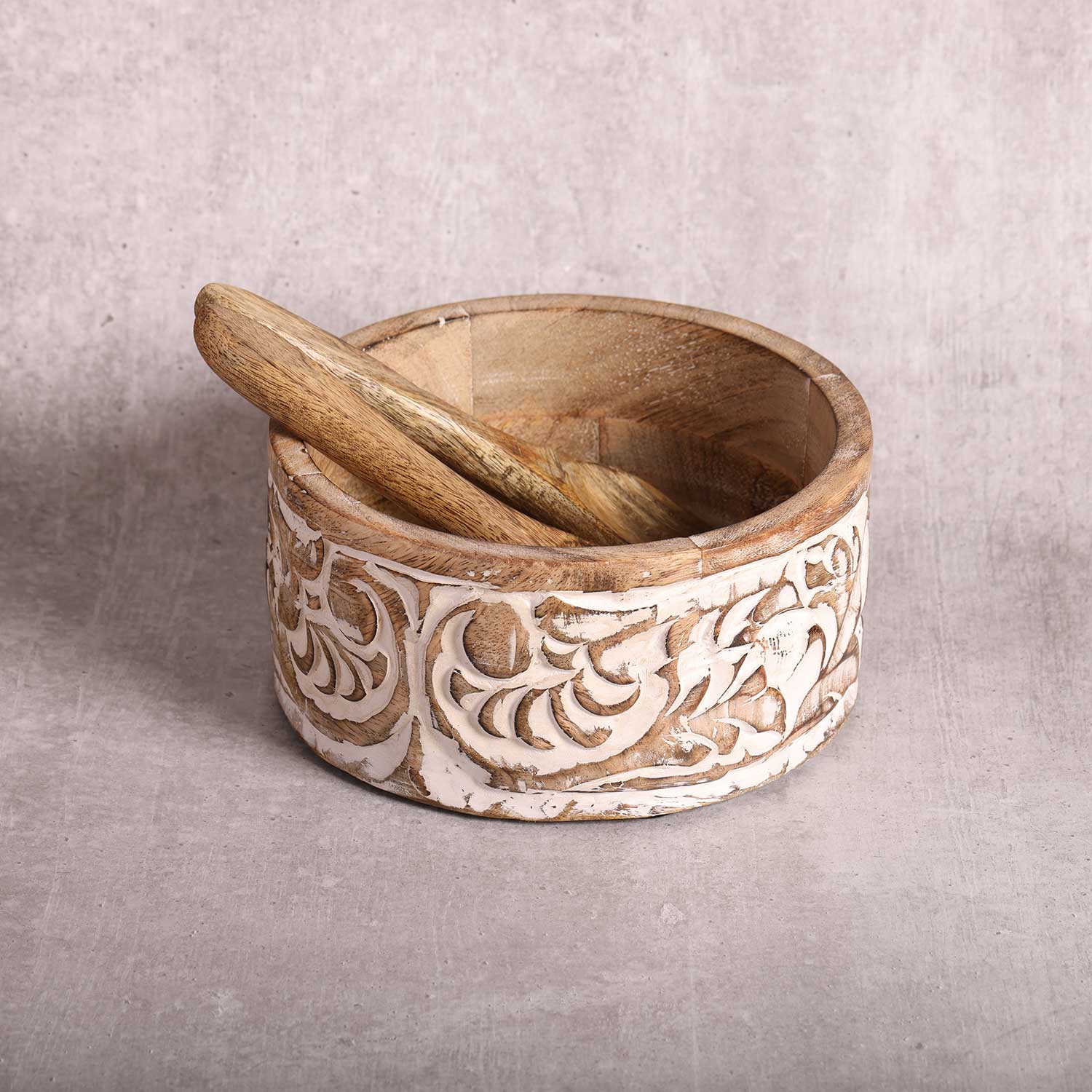 Mango Wood Carved Serving Bowl with Server Set
