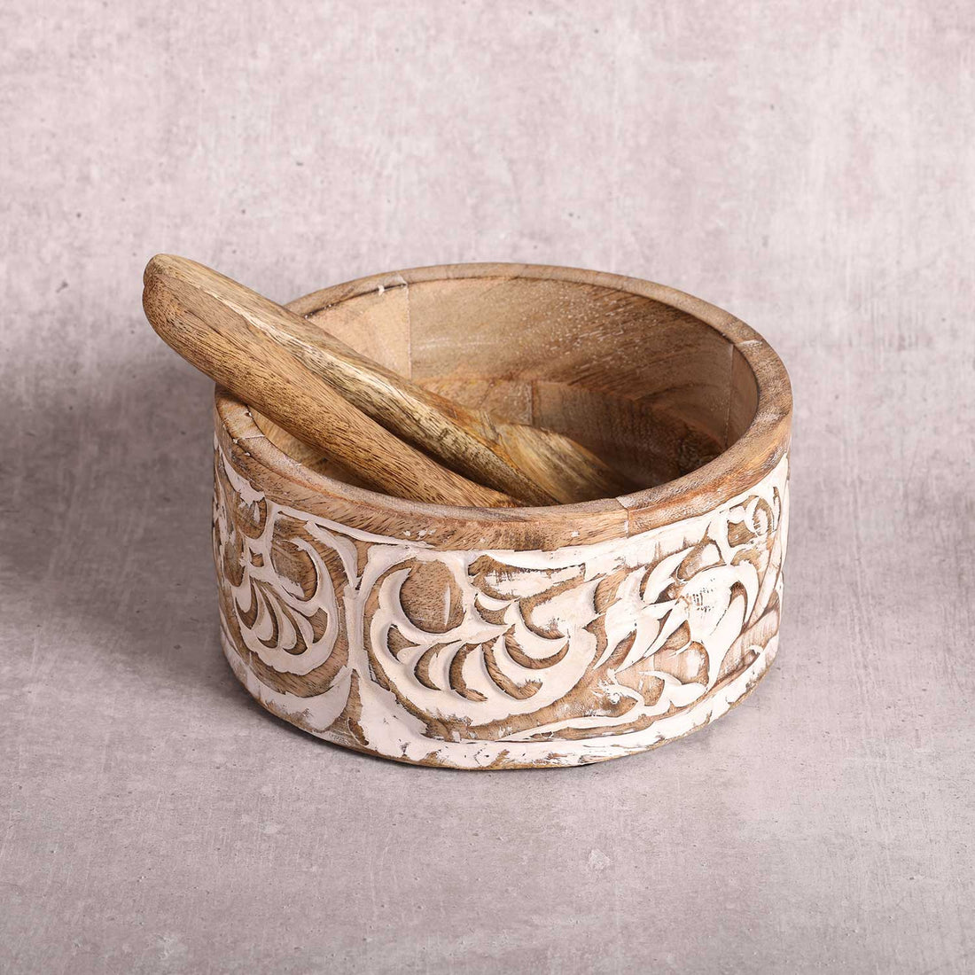 Mango Wood Carved Serving Bowl with Server Set