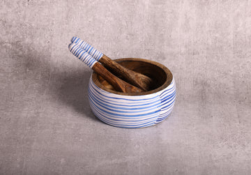 Stripe Love Blue Mango Wood Salad Bowl With Server Set - 500 g | Peacoy