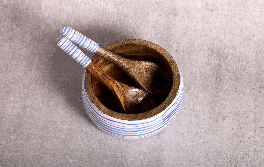 Stripe Love Blue Mango Wood Salad Bowl With Server Set - 500 g | Peacoy