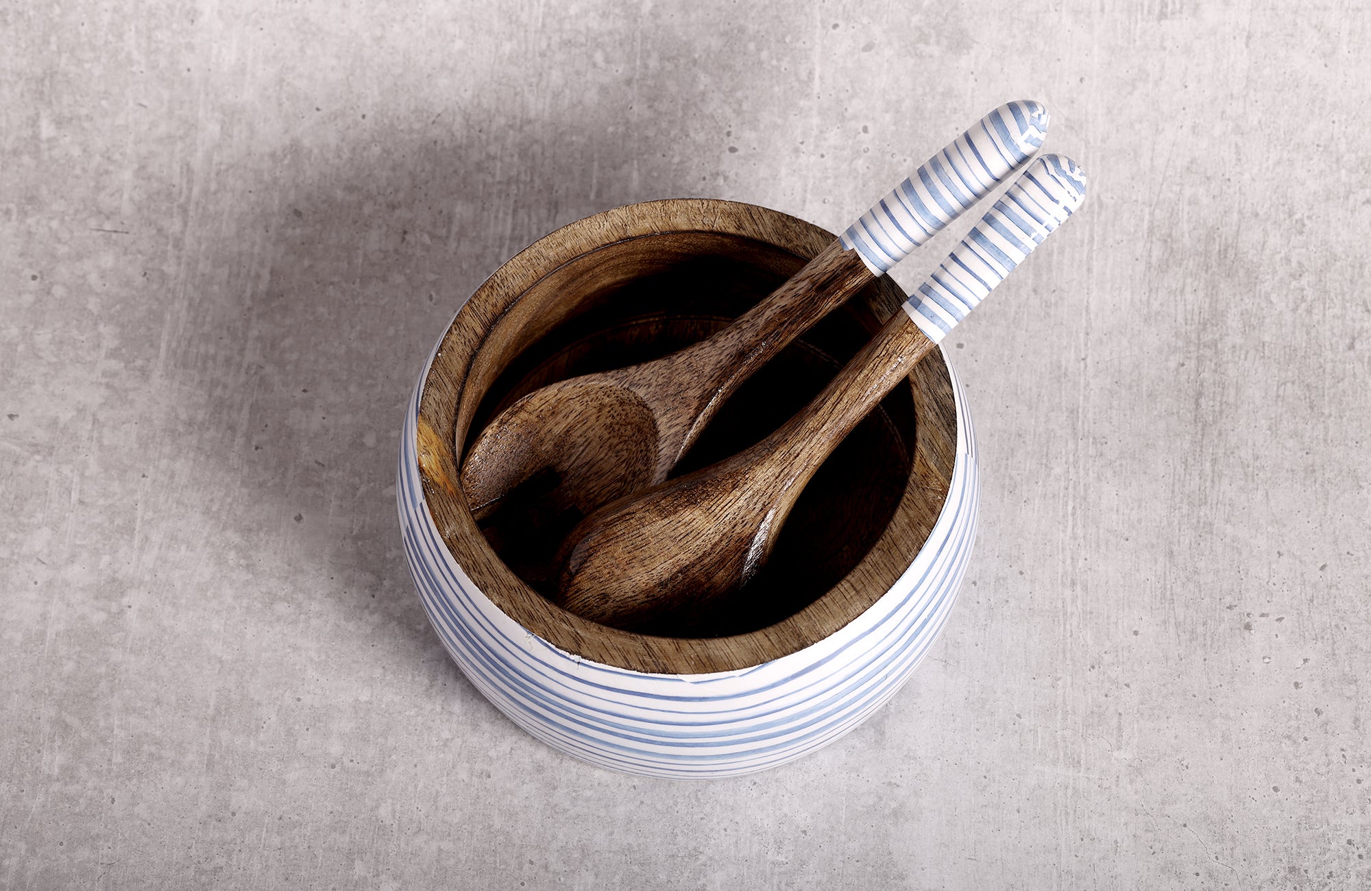 Stripe Love Blue Mango Wood Salad Bowl With Server Set - 500 g | Peacoy