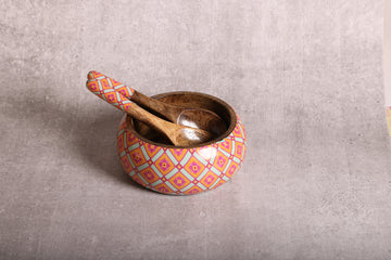 Pretty Pink Floral Charm Mango Wood Salad Bowl With Server Set - 500 g | Peacoy