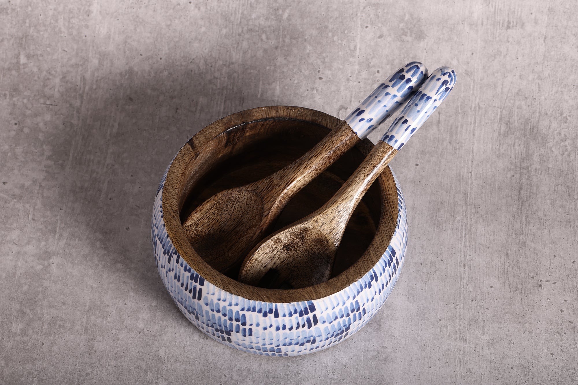 Brush Paint Blue Mango Wood Salad Bowl With Server Set- 500 g | Peacoy