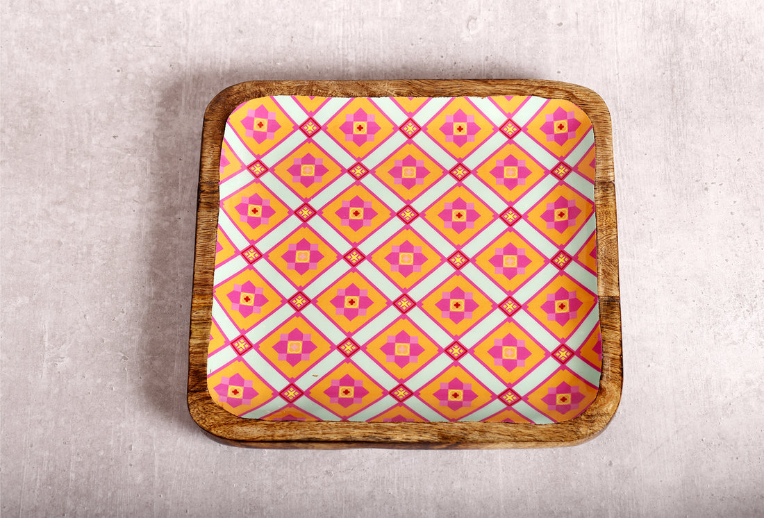 Pretty Pink Floral Charm Mango Wood Square Platter 10 X 10 inches | Peacoy