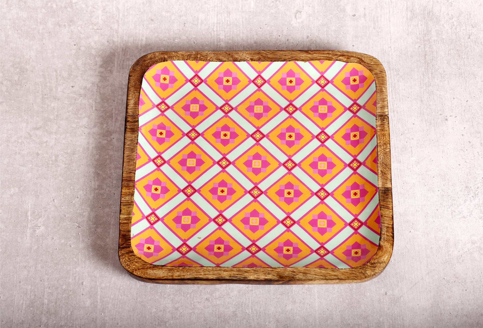 Pretty Pink Floral Charm Mango Wood Square Platter 10 X 10 inches | Peacoy