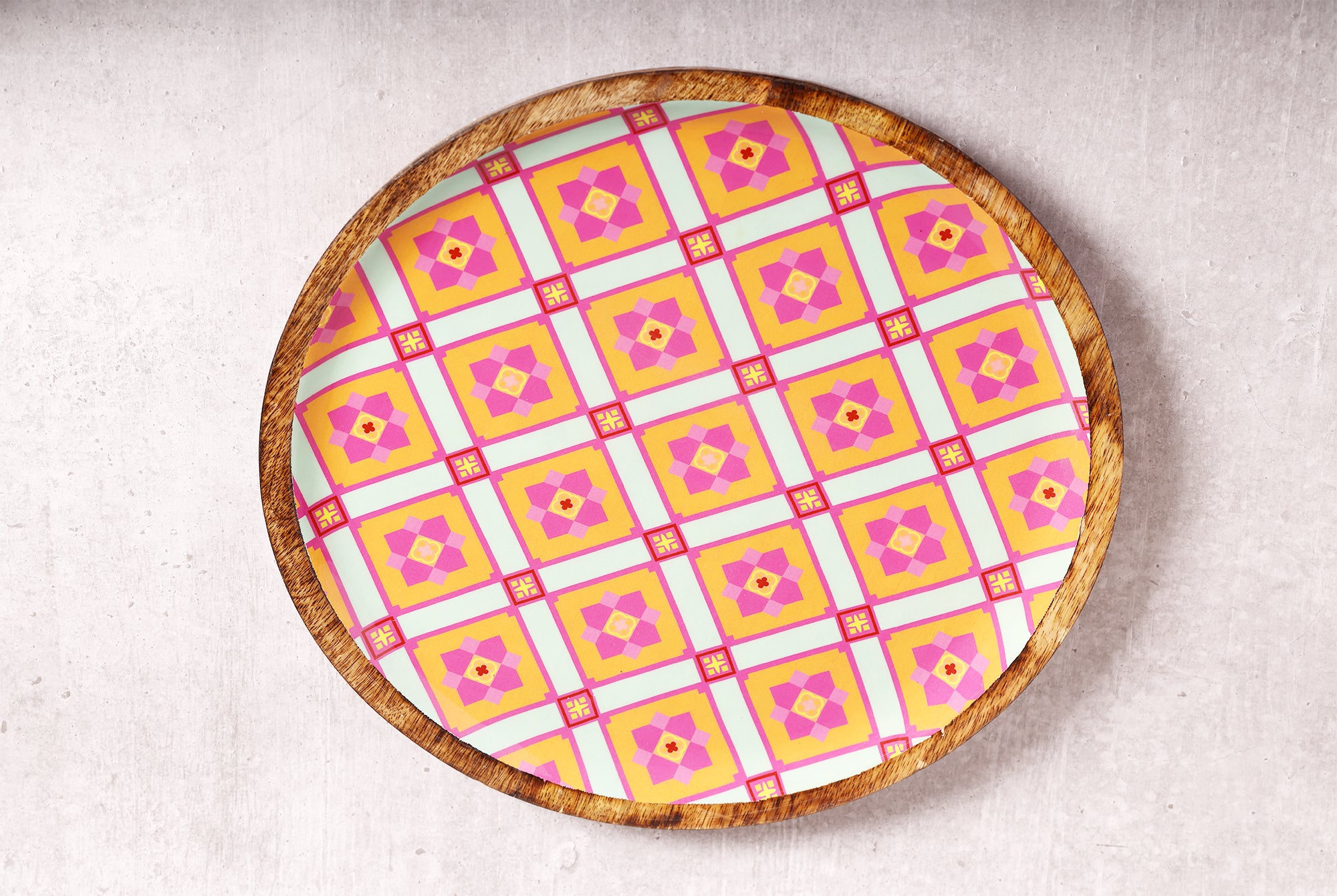 Pretty Pink Floral Charm Round Mango Wood Platter with Enamel Finish | Peacoy