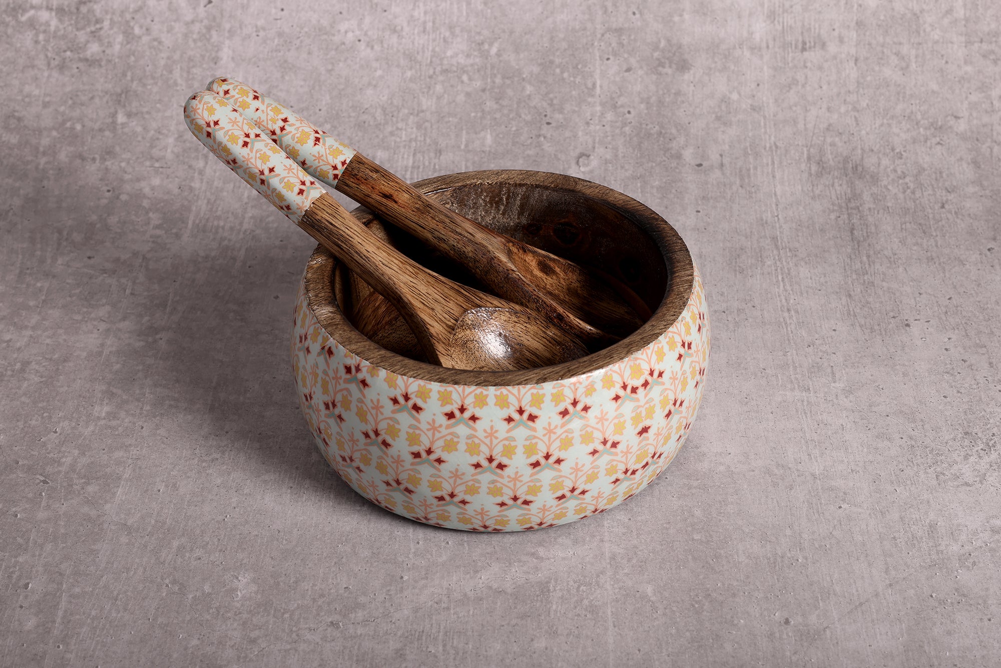 Artistic Florals Mango Wood Salad Bowl with Server Set - 500 g | Peacoy