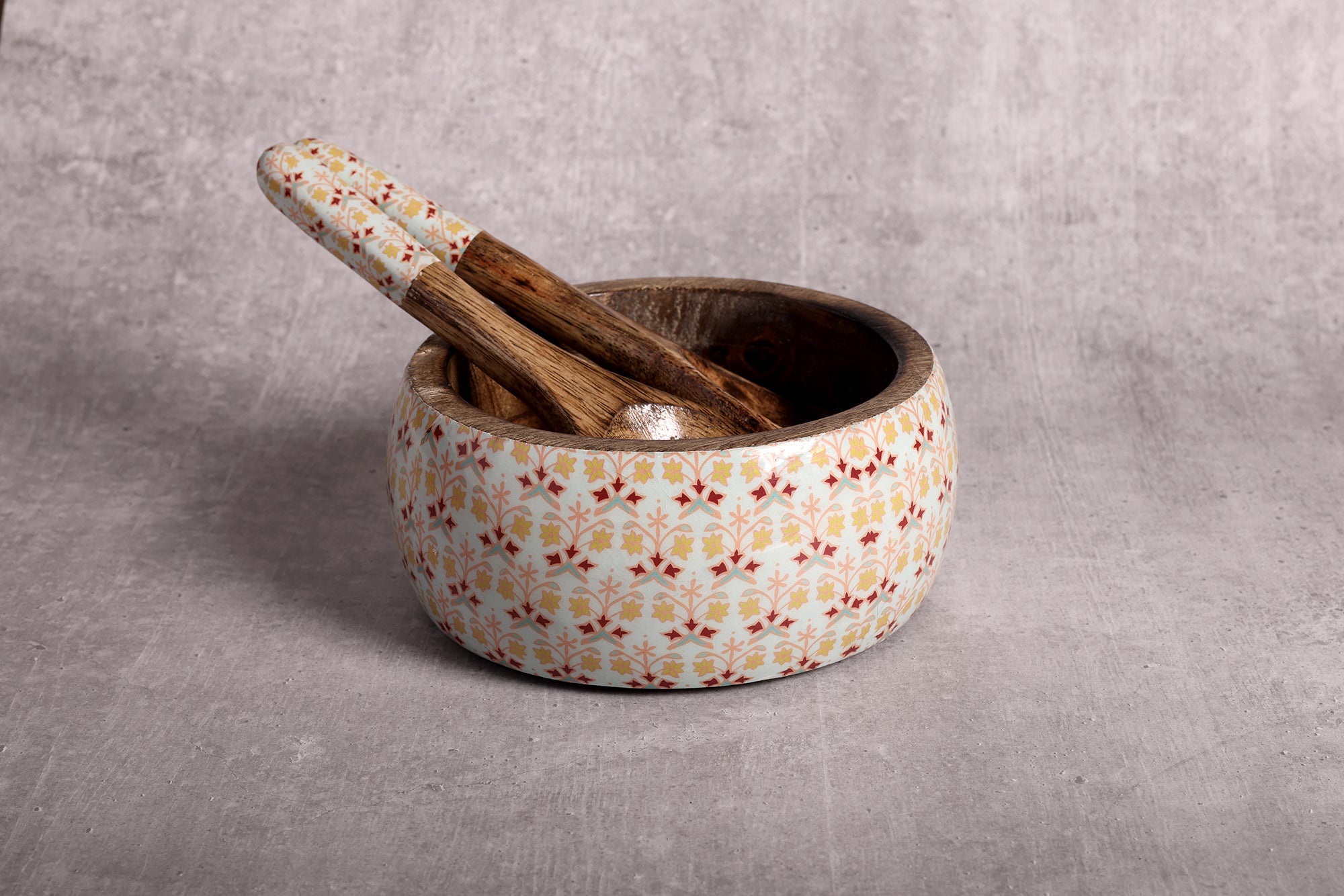 Artistic Florals Mango Wood Salad Bowl with Server Set - 500 g | Peacoy