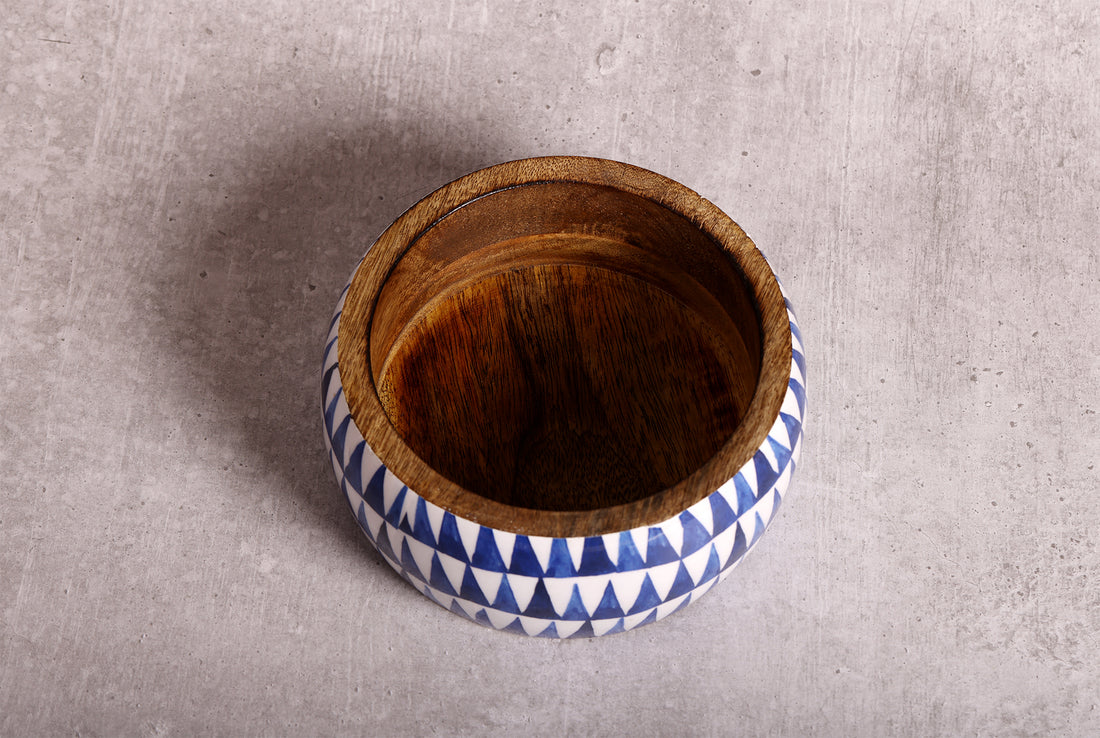 Boho Triangles Blue & White Mango Wood Salad Bowl With Server Set - 500 g | Peacoy