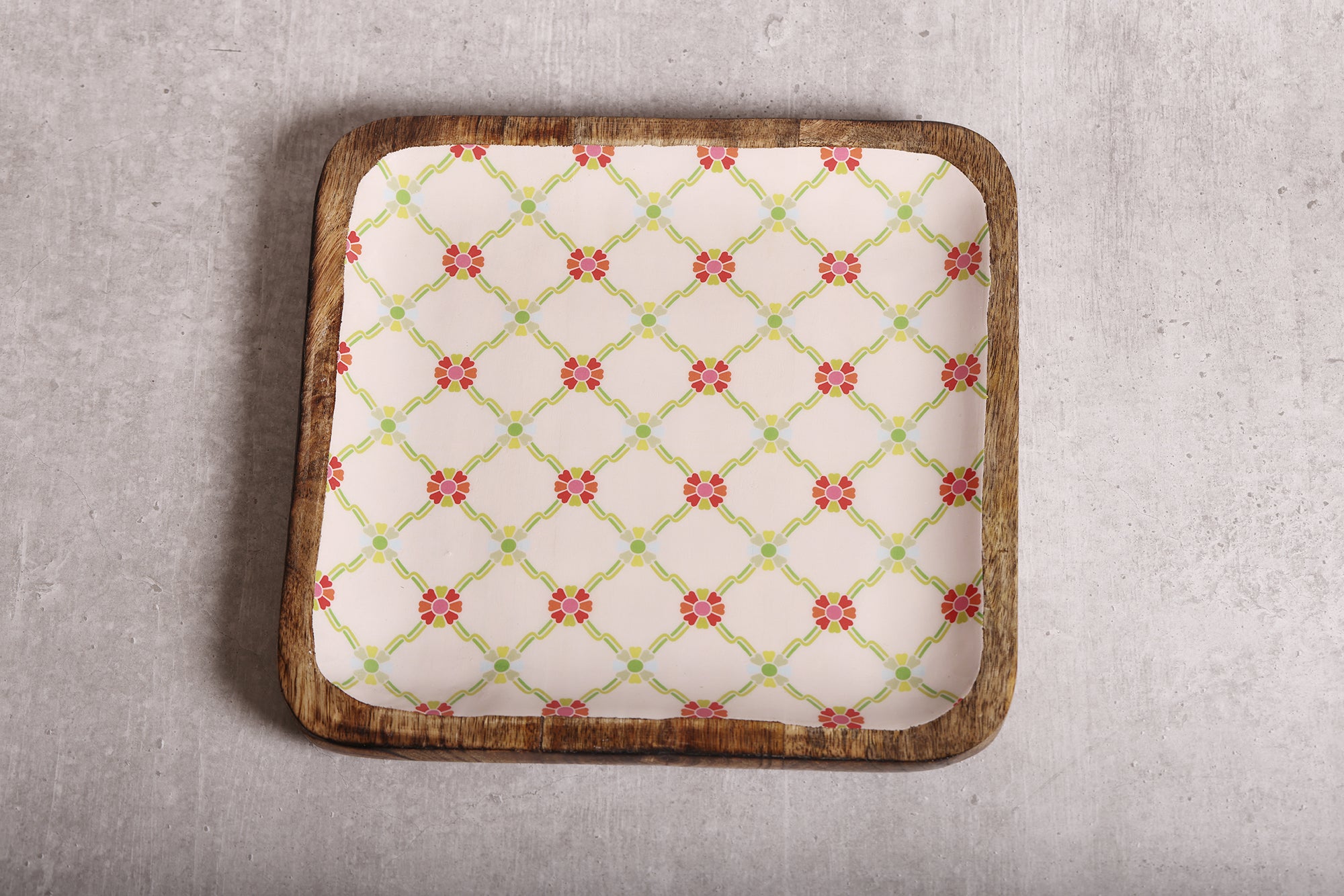 Sweet Flower Jaal Mango Wood Square Platter With Enamel Finish - 10 x 10 inches | Peacoy