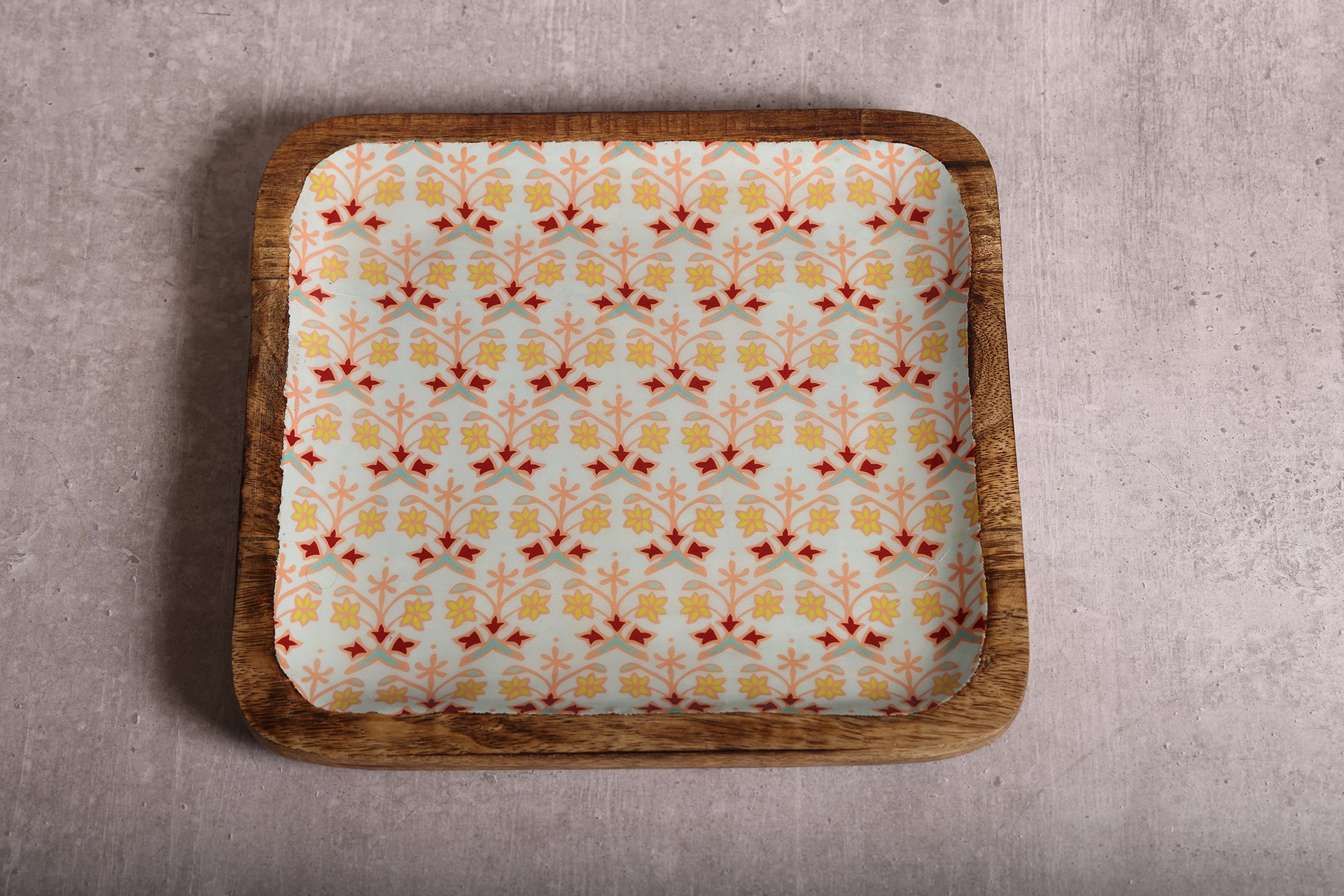 Artistic Florals Square Mango Wood Platter With Enamel Finish - 10 x 10 inches | Peacoy
