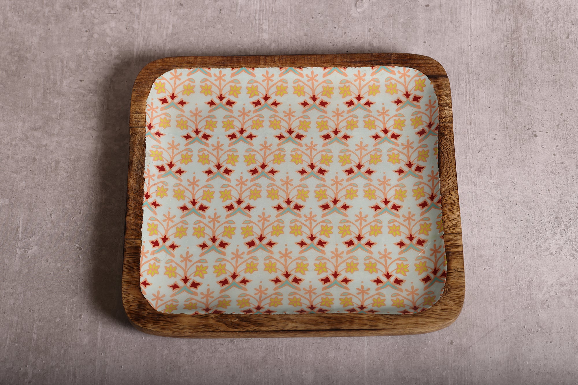 Artistic Florals Square Mango Wood Platter With Enamel Finish - 10 x 10 inches | Peacoy
