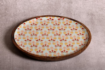 Artistic Florals Round Mango Wood Platter With Enamel Finish | Peacoy