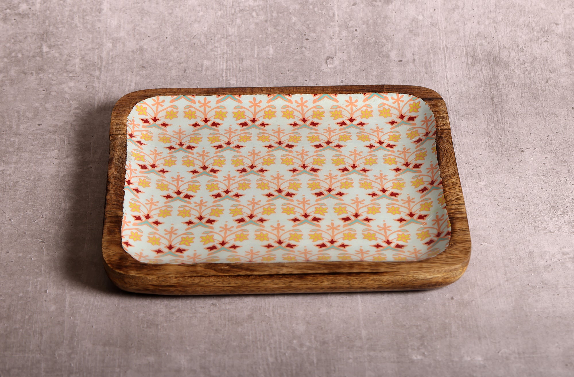 Artistic Florals Square Mango Wood Platter With Enamel Finish - 10 x 10 inches | Peacoy