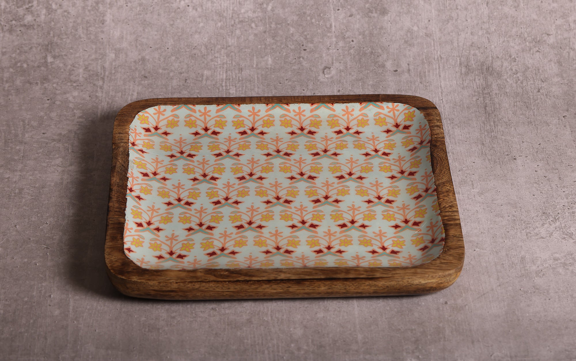 Artistic Florals Square Mango Wood Platter With Enamel Finish - 10 x 10 inches | Peacoy